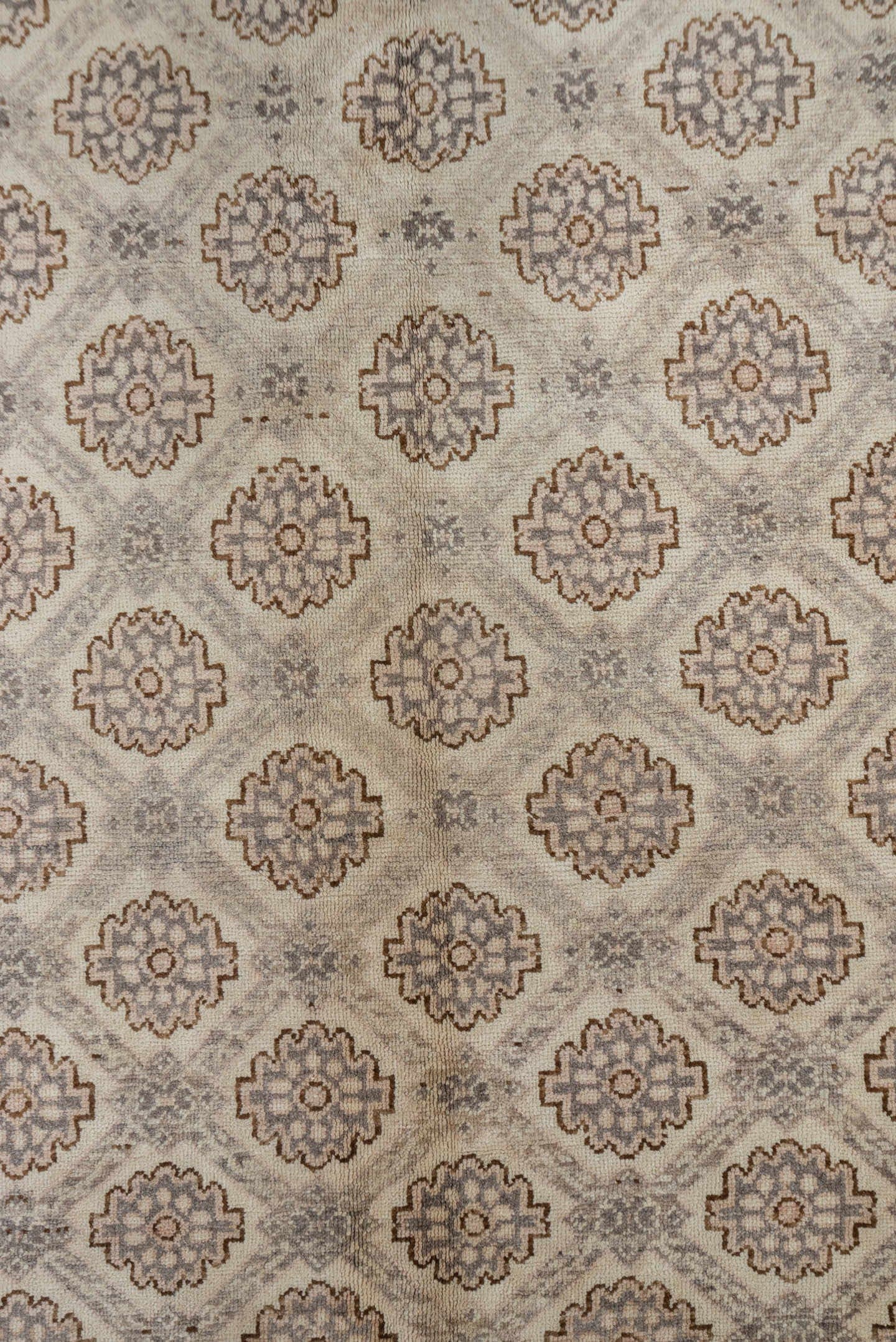 5' x 10' one-of-a-kind handmade vintage Konya medium size rug. Color palette: beige, taupe, brown, ivory, camel, charcoal