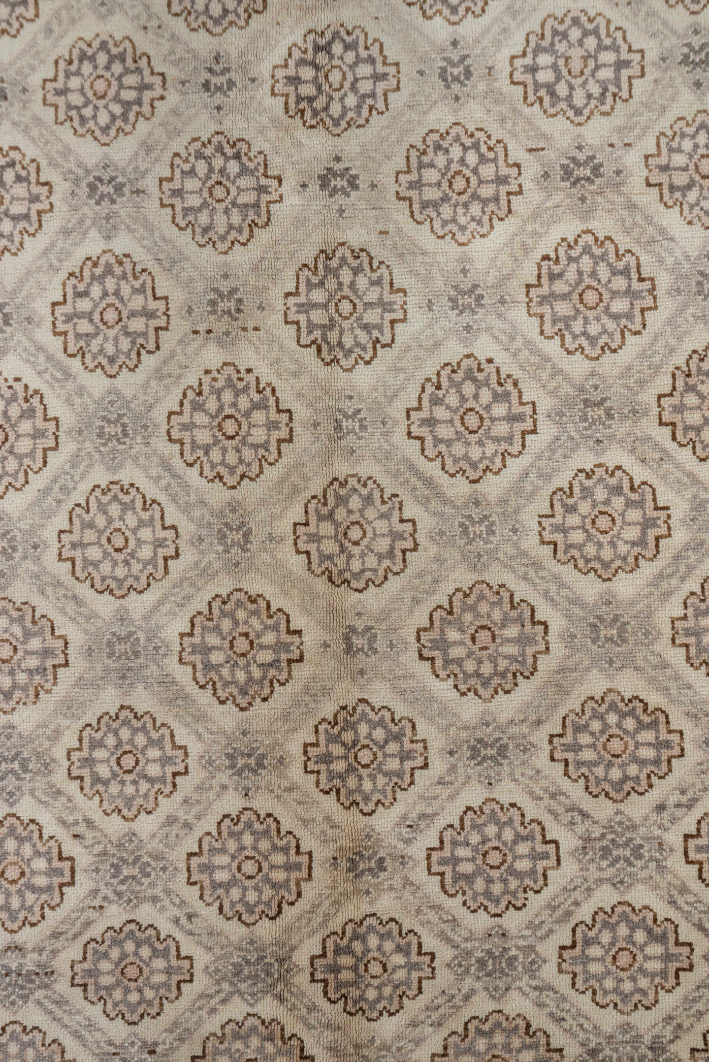 5' x 10' one-of-a-kind handmade vintage Konya medium size rug. Color palette: beige, taupe, brown, ivory, camel, charcoal