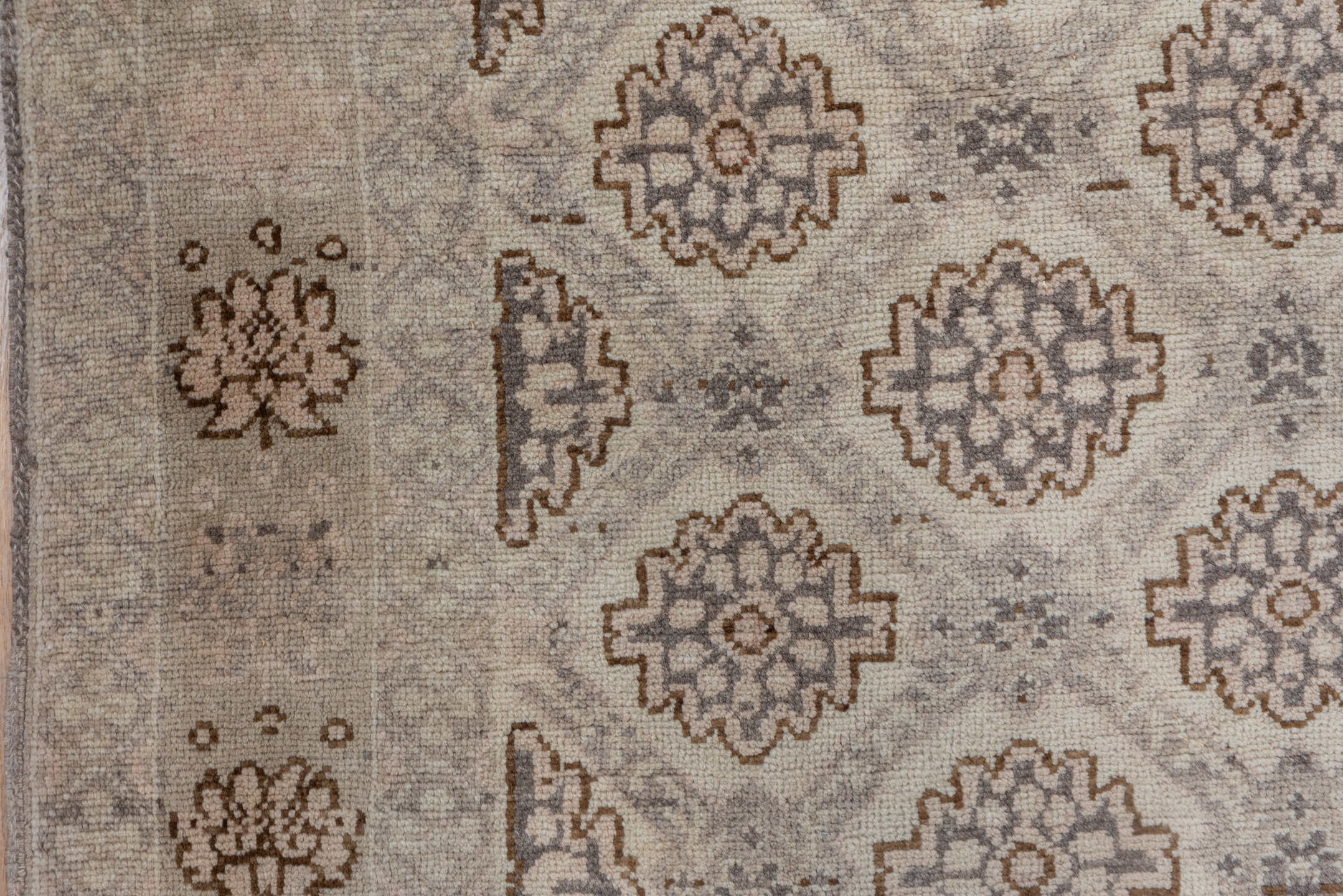 5' x 10' one-of-a-kind handmade vintage Konya medium size rug. Color palette: brown, gray, off-white, orange, pink