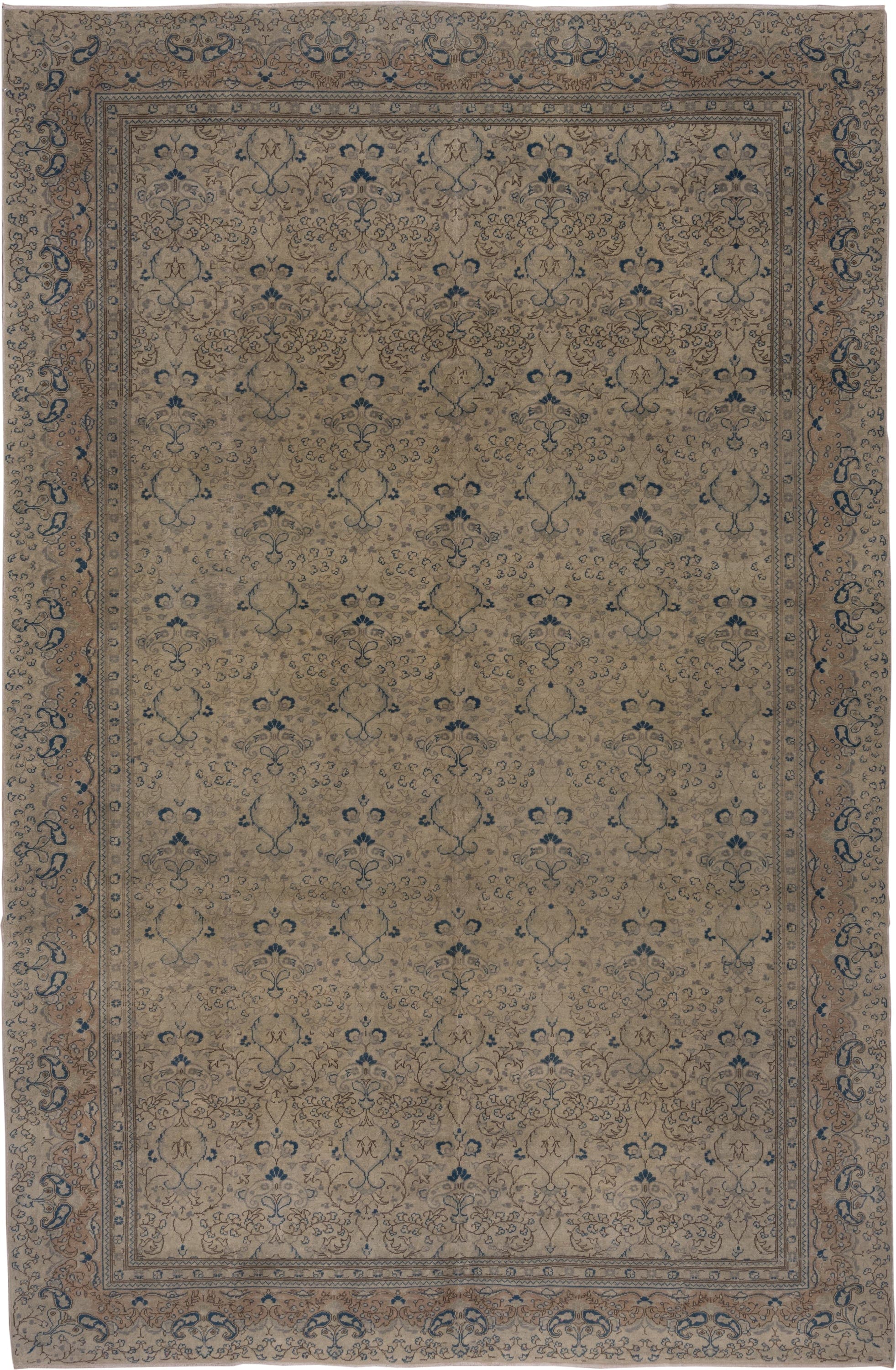 8' x 12' one-of-a-kind handmade vintage Oushak large size rug. Color palette: beige, taupe, blue, ivory, camel, slate, gray