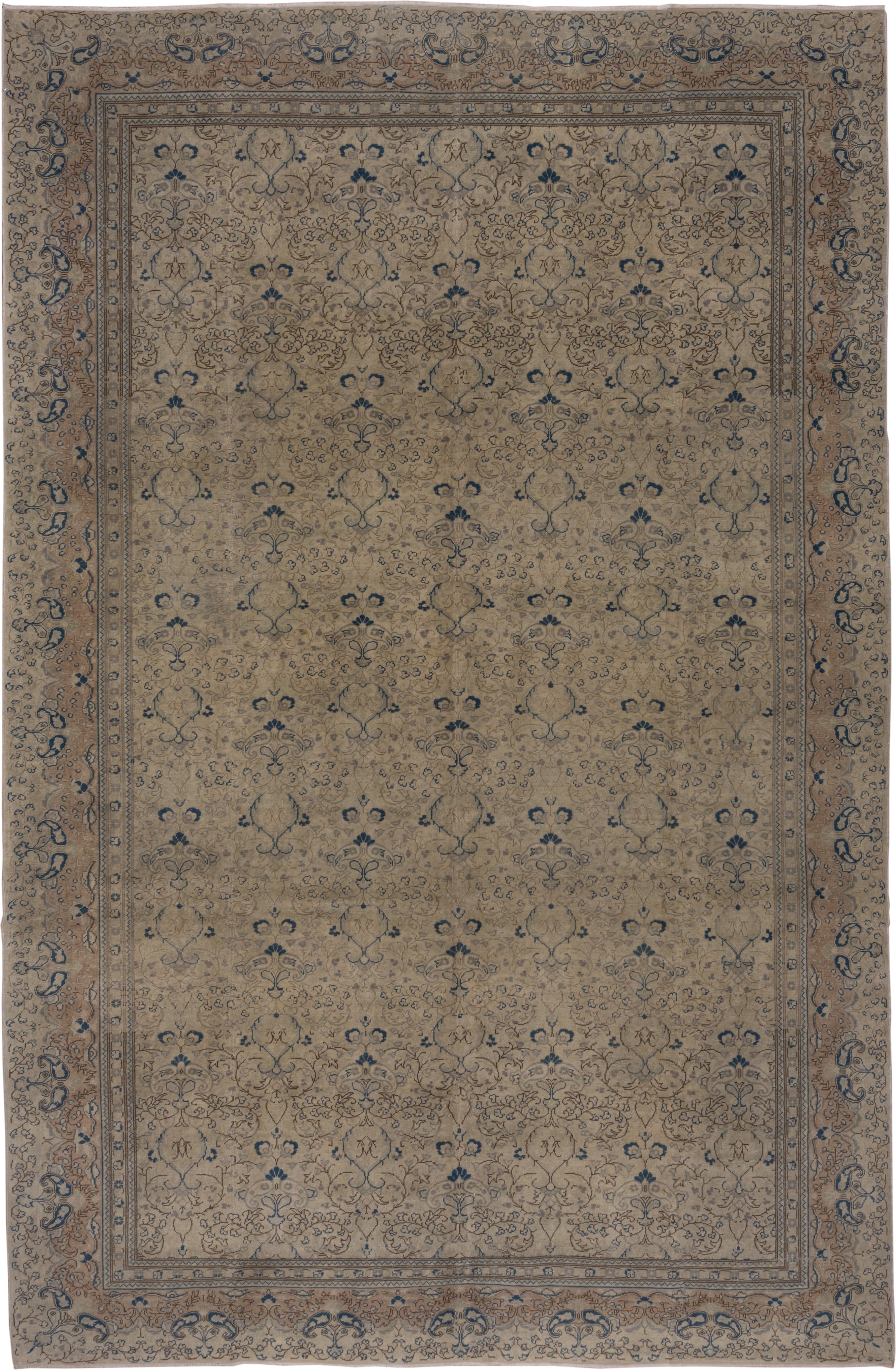 8' x 12' one-of-a-kind handmade vintage Oushak large size rug. Color palette: beige, taupe, blue, ivory, camel, slate, gray
