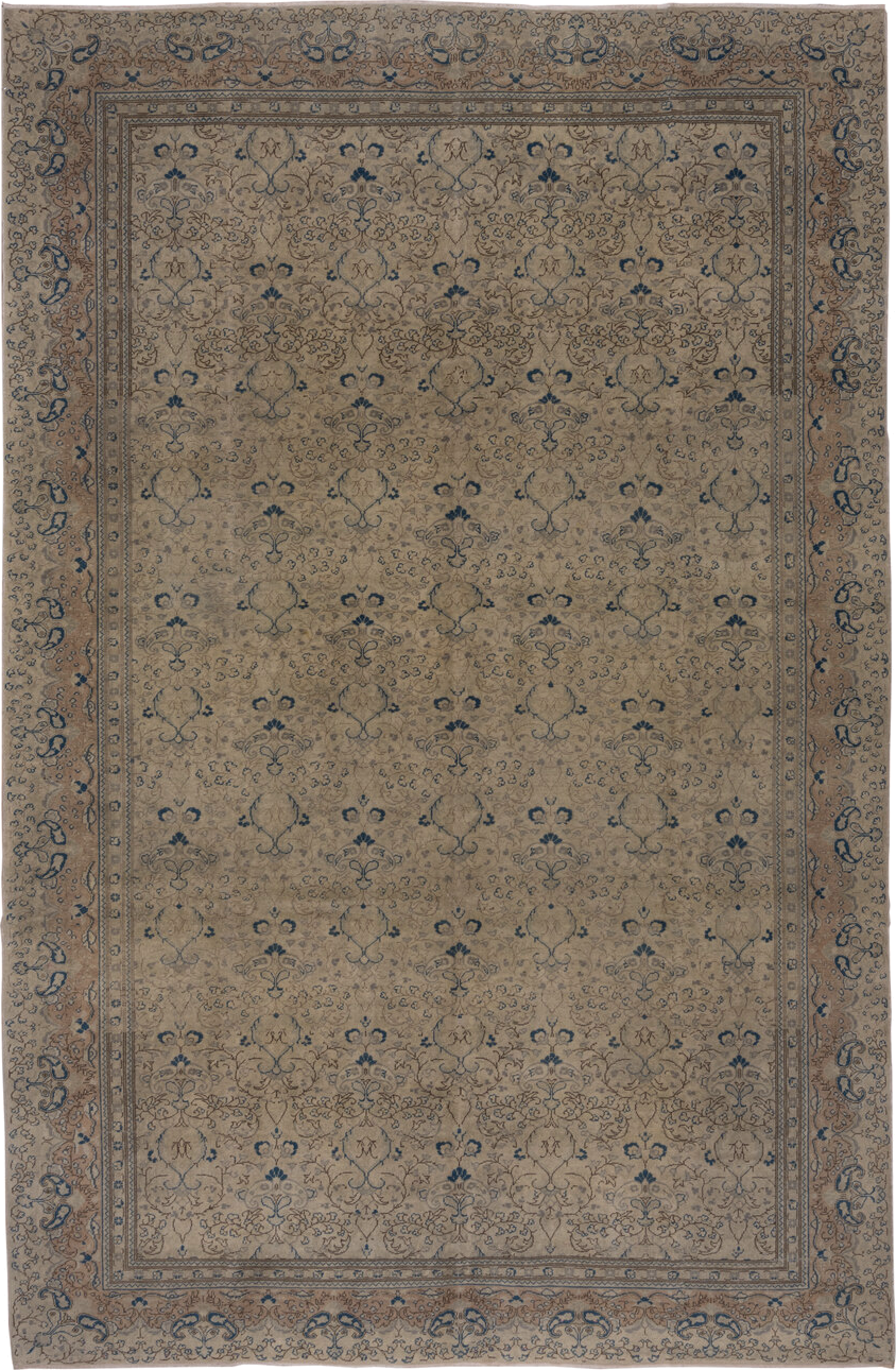 8' x 12' one-of-a-kind handmade vintage Oushak large size rug. Color palette: beige, taupe, blue, ivory, camel, slate, gray