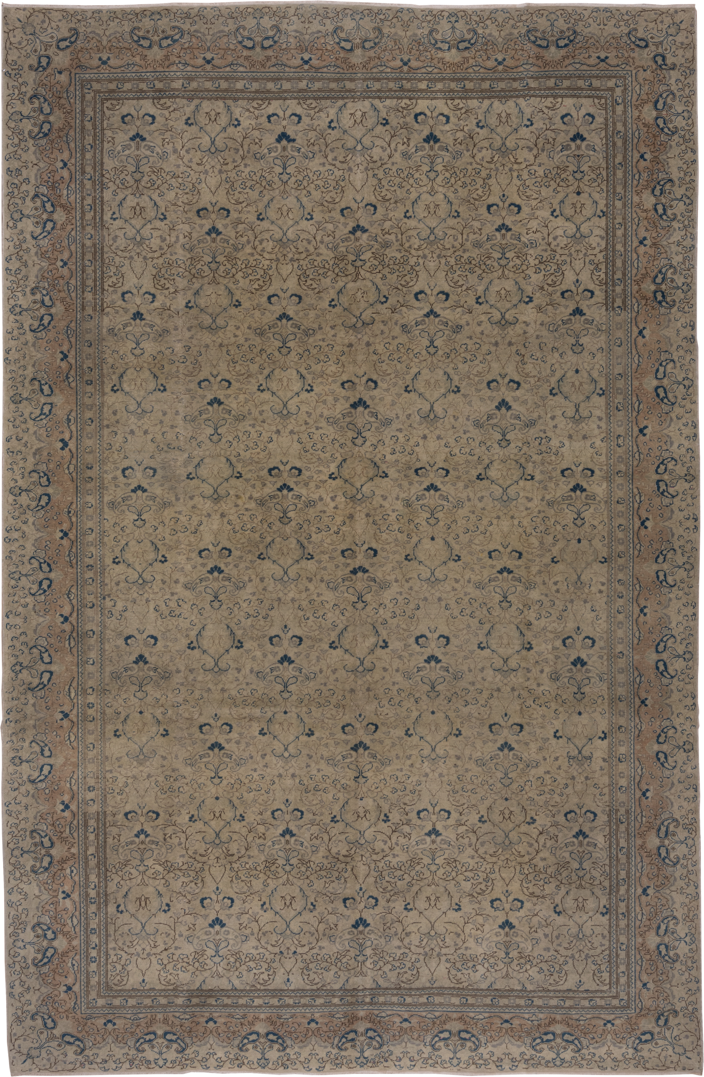 8' x 12' one-of-a-kind handmade vintage Oushak large size rug. Color palette: beige, taupe, blue, ivory, camel, slate, gray
