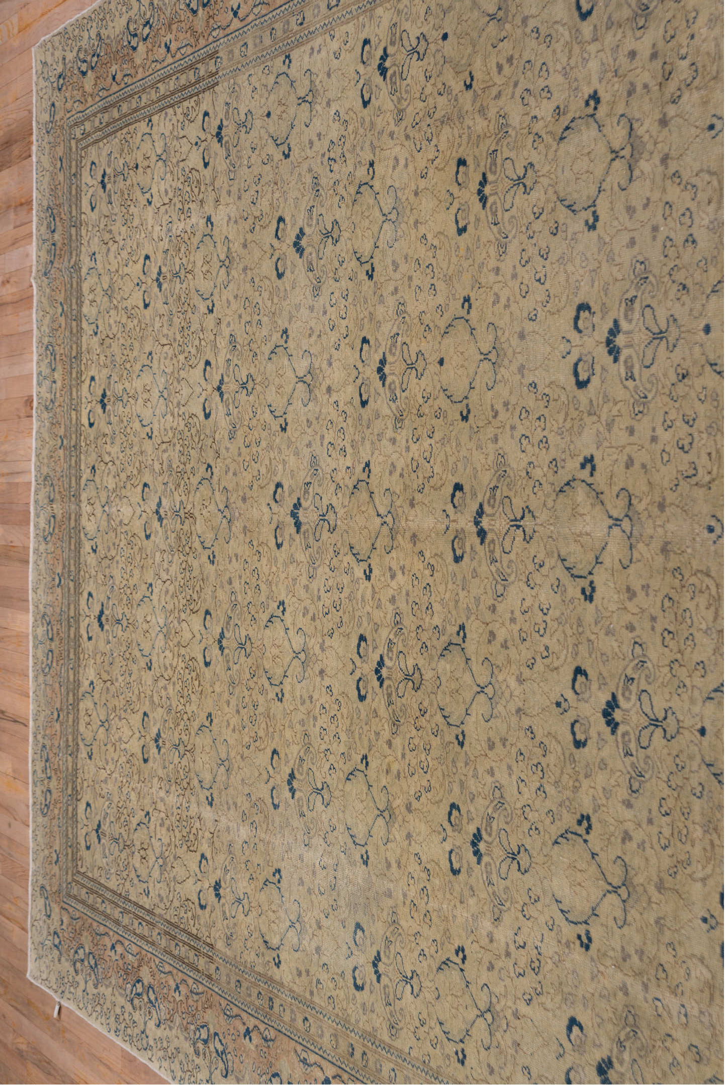 8' x 12' one-of-a-kind handmade vintage Oushak large size rug. Color palette: beige, taupe, blue, ivory, camel, slate, gray