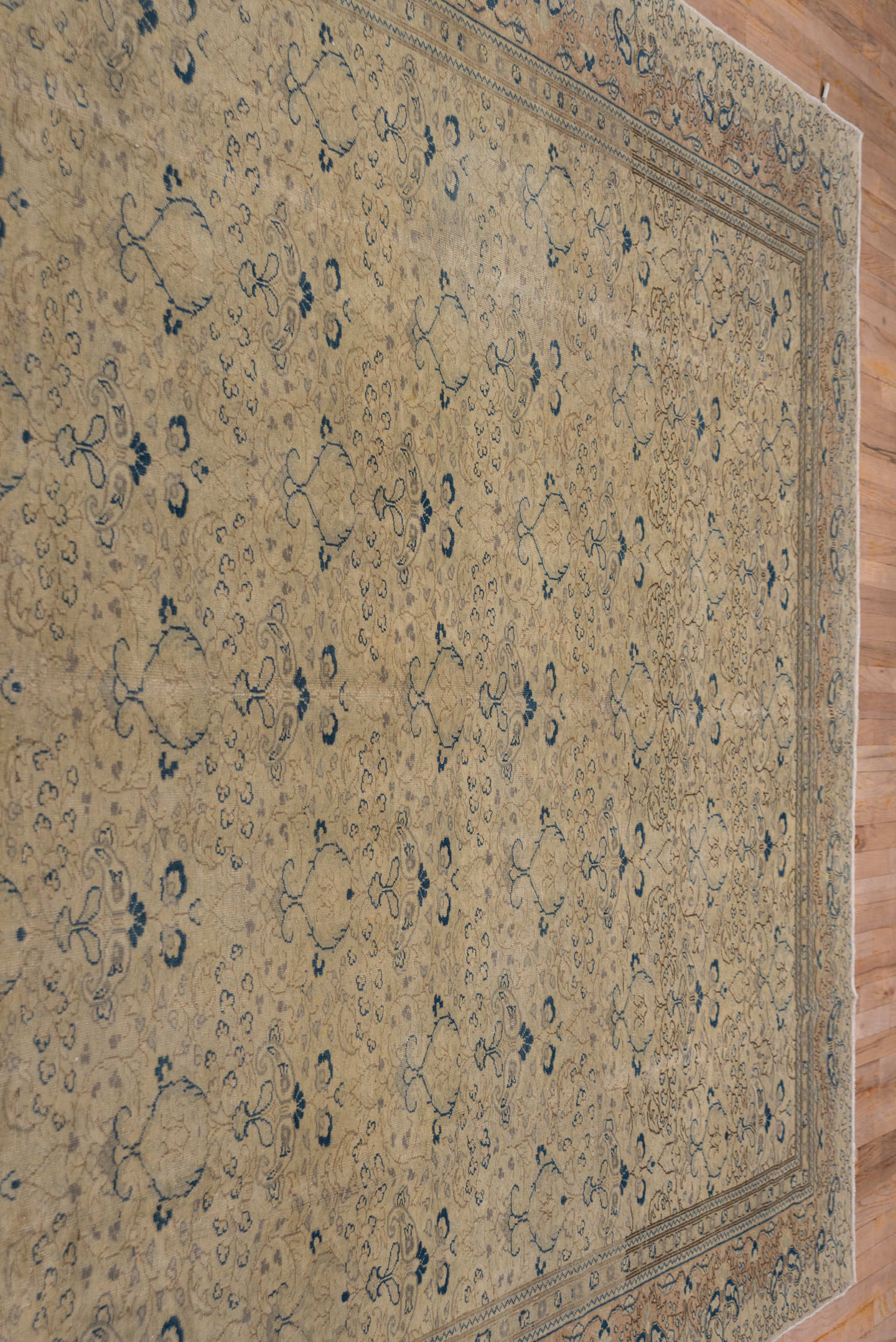 8' x 12' one-of-a-kind handmade vintage Oushak large size rug. Color palette: beige, taupe, blue, ivory, camel, slate, gray