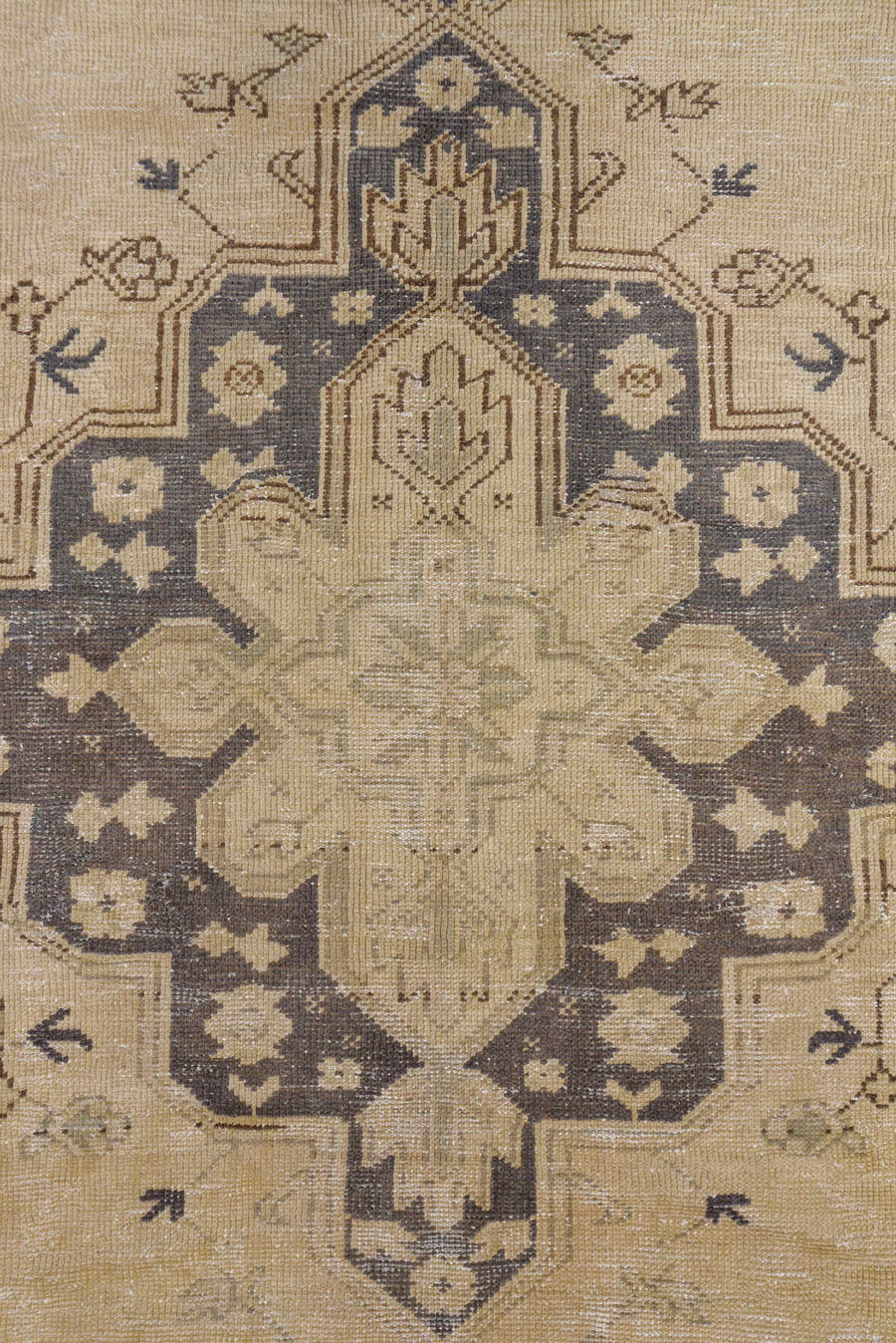 7' x 10' one-of-a-kind handmade vintage Oushak large size rug. Color palette: ivory, taupe, brown, beige, camel, charcoal