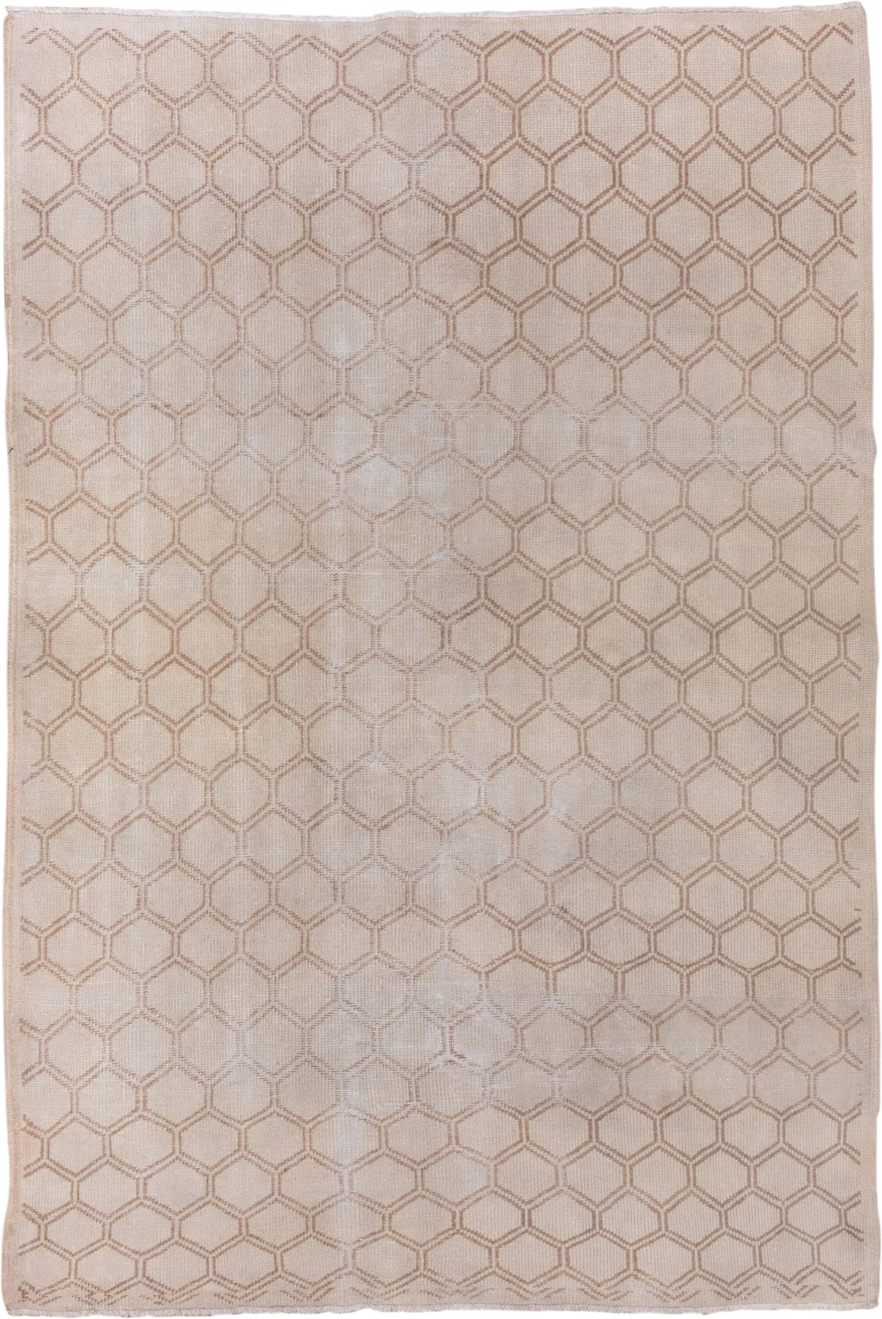5' x 8' one-of-a-kind handmade vintage Oushak medium size rug. Color palette: ivory, taupe, beige, sand, gray