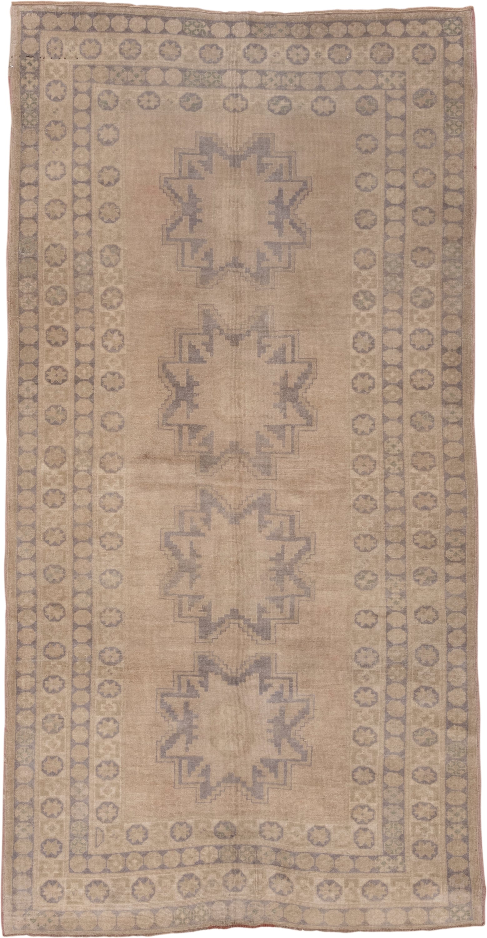 5' x 9' one-of-a-kind handmade vintage Oushak medium size rug. Color palette: beige, taupe, ivory, slate, camel, dusty blue