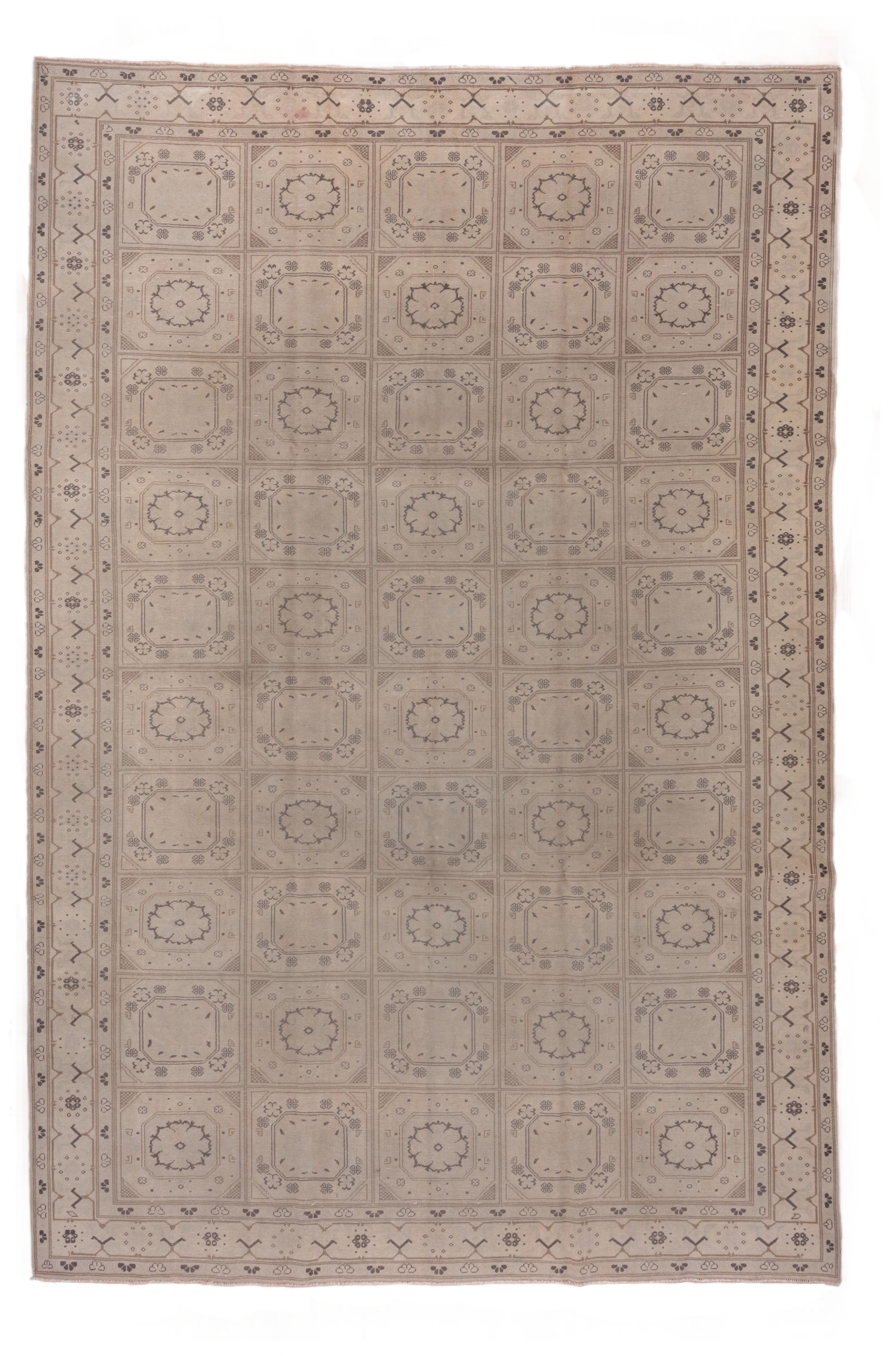 8' x 12' one-of-a-kind handmade vintage Kaisary large size rug. Color palette: beige, taupe, ivory, brown, camel, gray