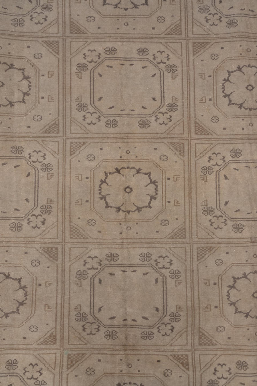 8' x 12' one-of-a-kind handmade vintage Kaisary large size rug. Color palette: beige, taupe, ivory, brown, camel, gray