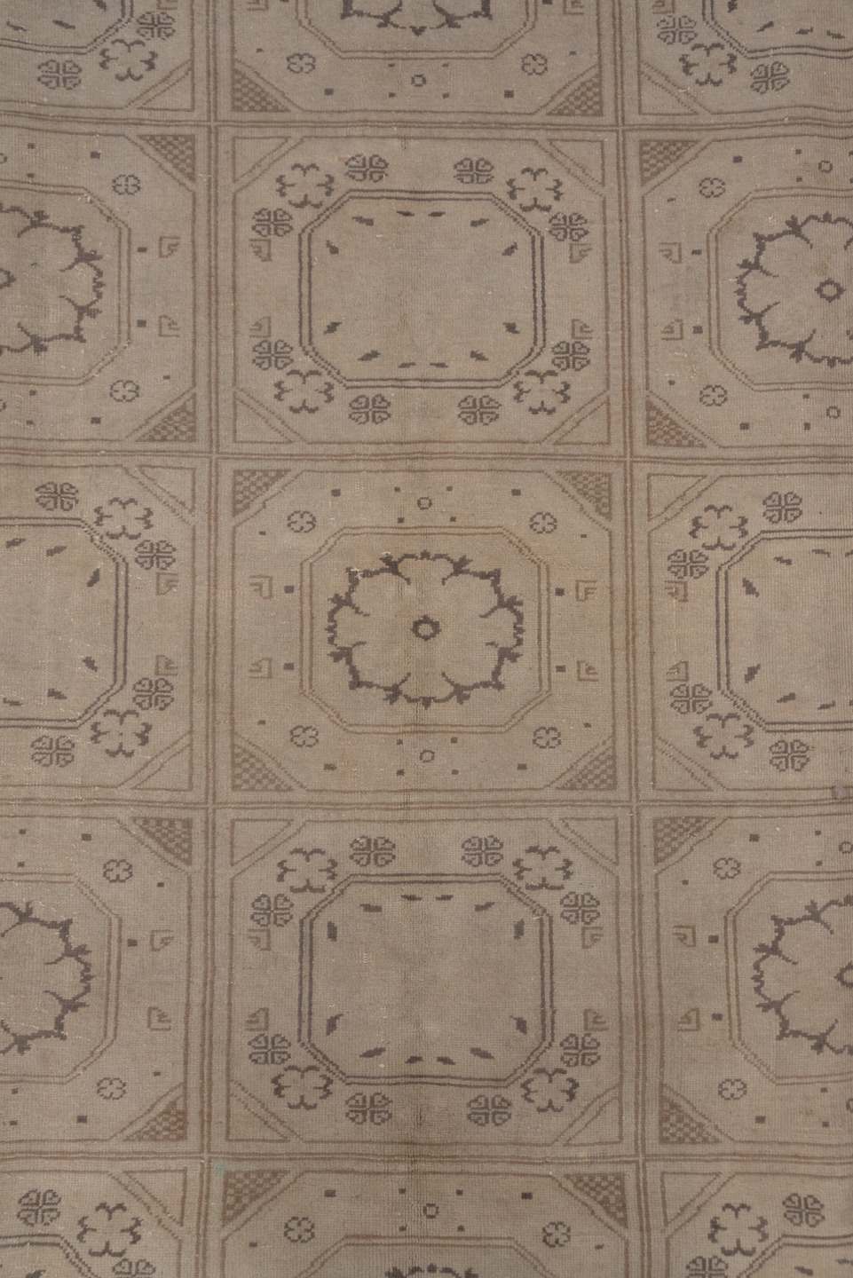 8' x 12' one-of-a-kind handmade vintage Kaisary large size rug. Color palette: beige, taupe, ivory, brown, camel, gray