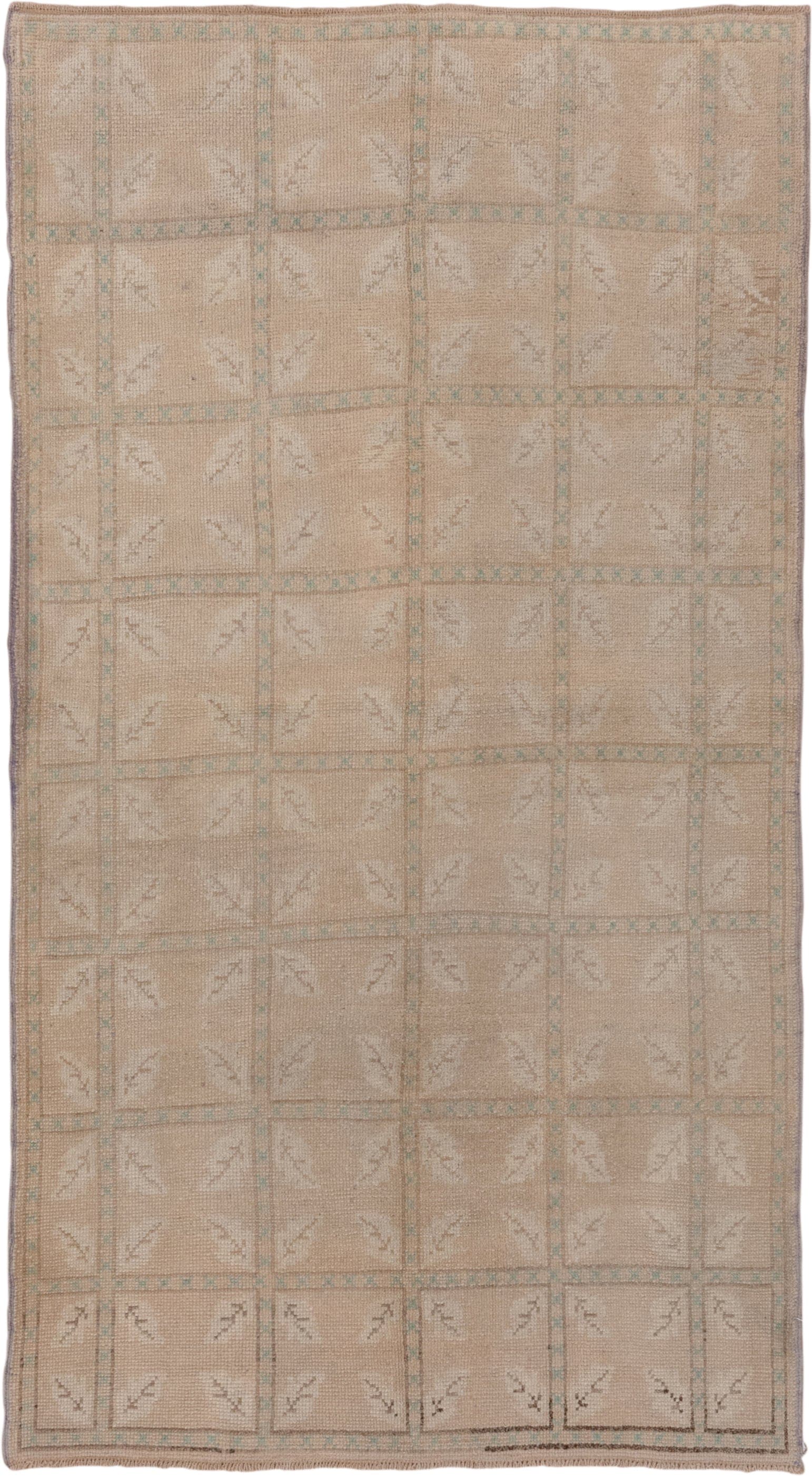4' x 7' one-of-a-kind handmade vintage Oushak rug. Color palette: beige, taupe, ivory, pale aqua, sand, gray, teal