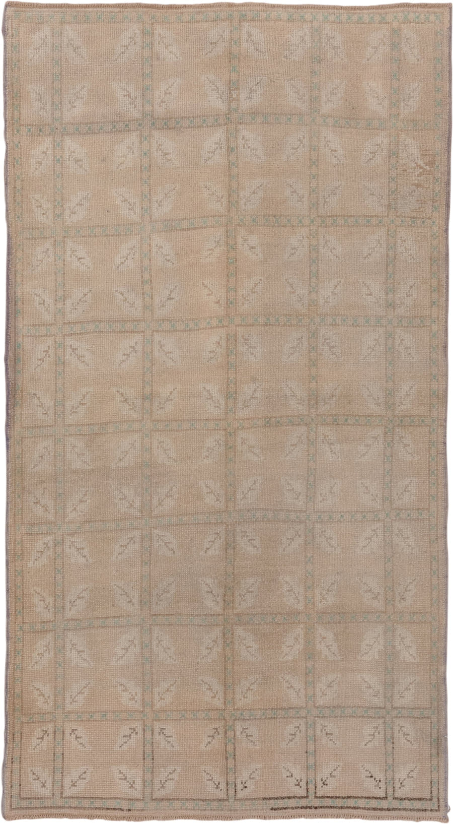 4' x 7' one-of-a-kind handmade vintage Oushak rug. Color palette: beige, taupe, ivory, pale aqua, sand, gray, teal