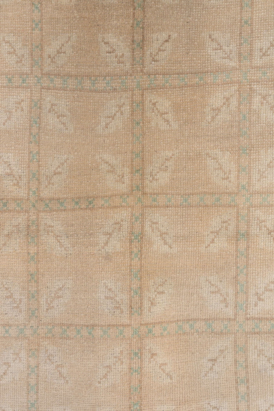 4' x 7' one-of-a-kind handmade vintage Oushak rug. Color palette: beige, taupe, ivory, pale aqua, sand, gray, teal