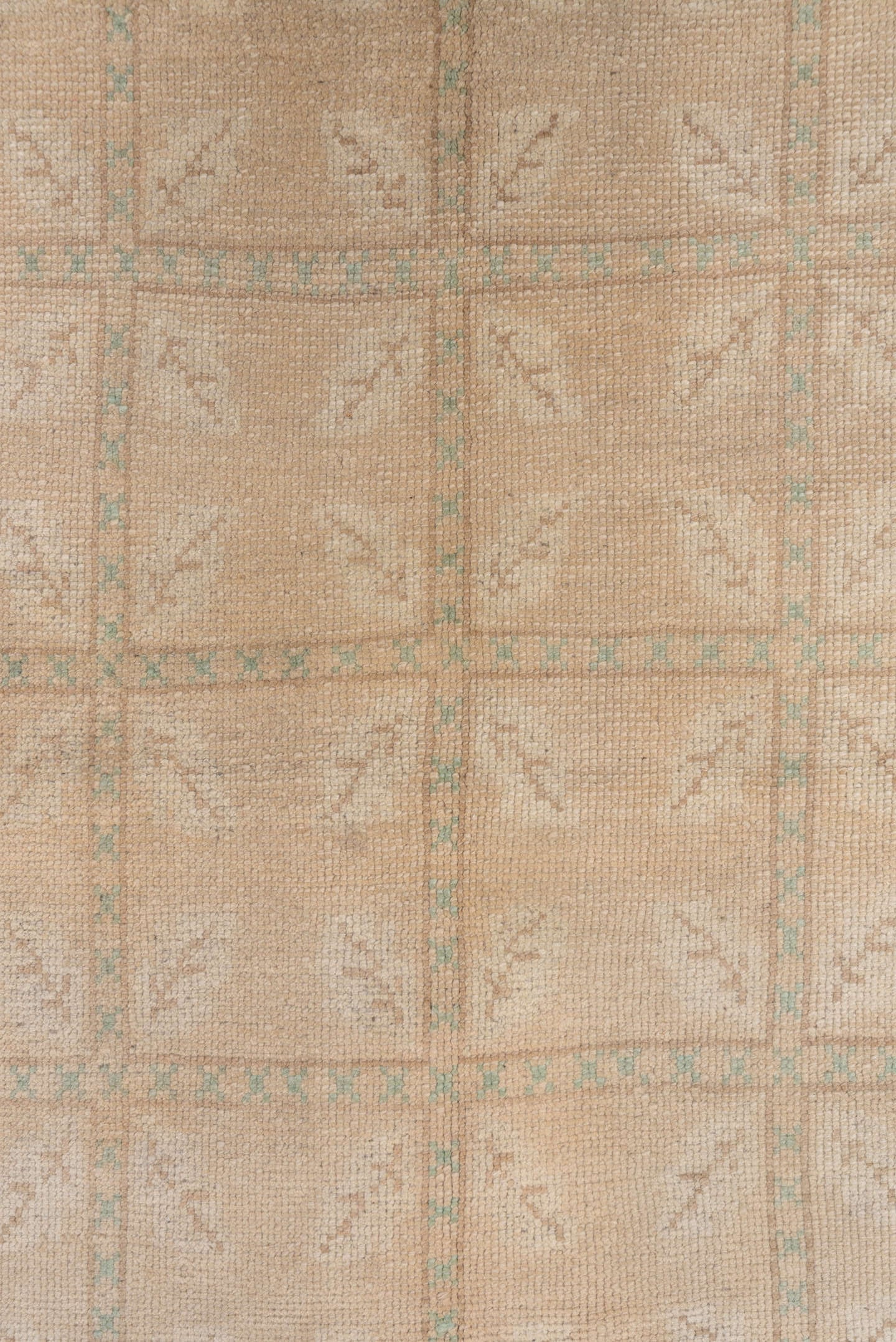 4' x 7' one-of-a-kind handmade vintage Oushak rug. Color palette: beige, taupe, ivory, pale aqua, sand, gray, teal