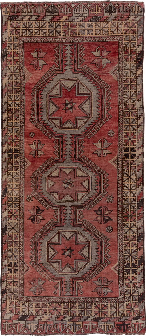 4' x 10' one-of-a-kind handmade vintage Oushak runner rug. Color palette: terra cotta, ivory, charcoal, rose, taupe