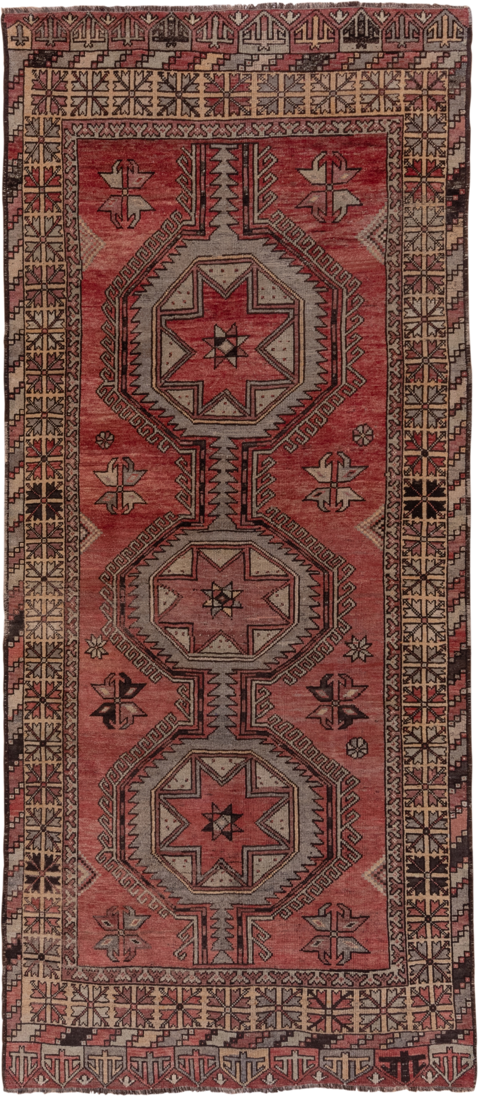 4' x 10' one-of-a-kind handmade vintage Oushak runner rug. Color palette: terra cotta, ivory, charcoal, rose, taupe