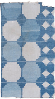 3' x 6' one-of-a-kind handmade vintage Dhurrie small size rug. Color palette: sky blue, ivory, powder blue, denim blue