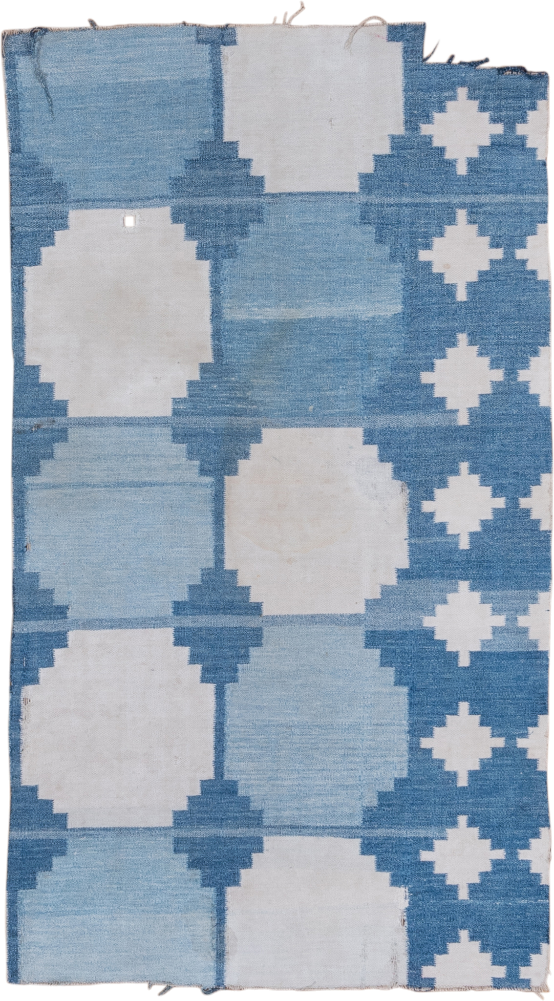 3' x 6' one-of-a-kind handmade vintage Dhurrie small size rug. Color palette: sky blue, ivory, powder blue, denim blue