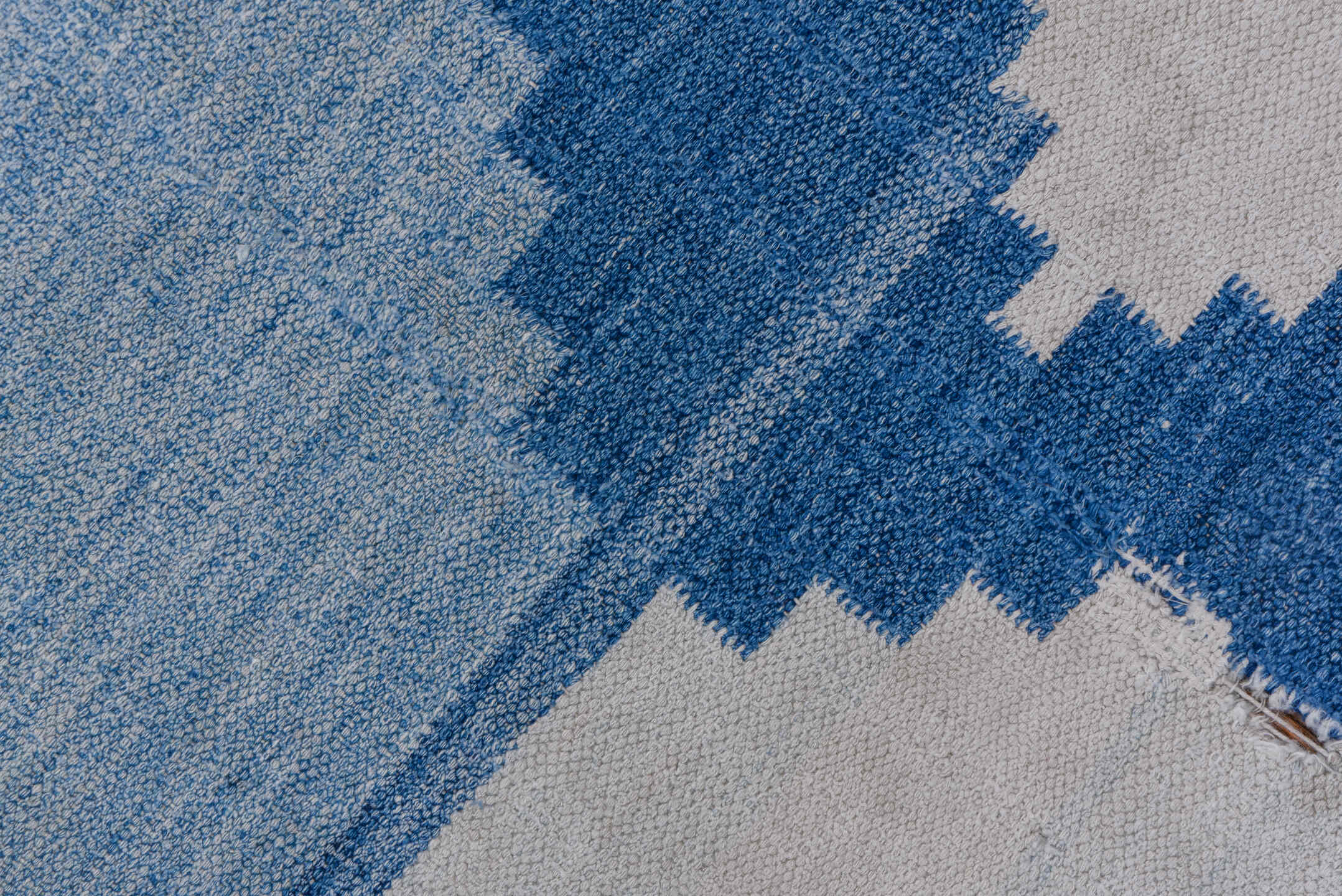 3' x 6' one-of-a-kind handmade vintage Dhurrie small size rug. Color palette: sky blue, ivory, powder blue, denim blue