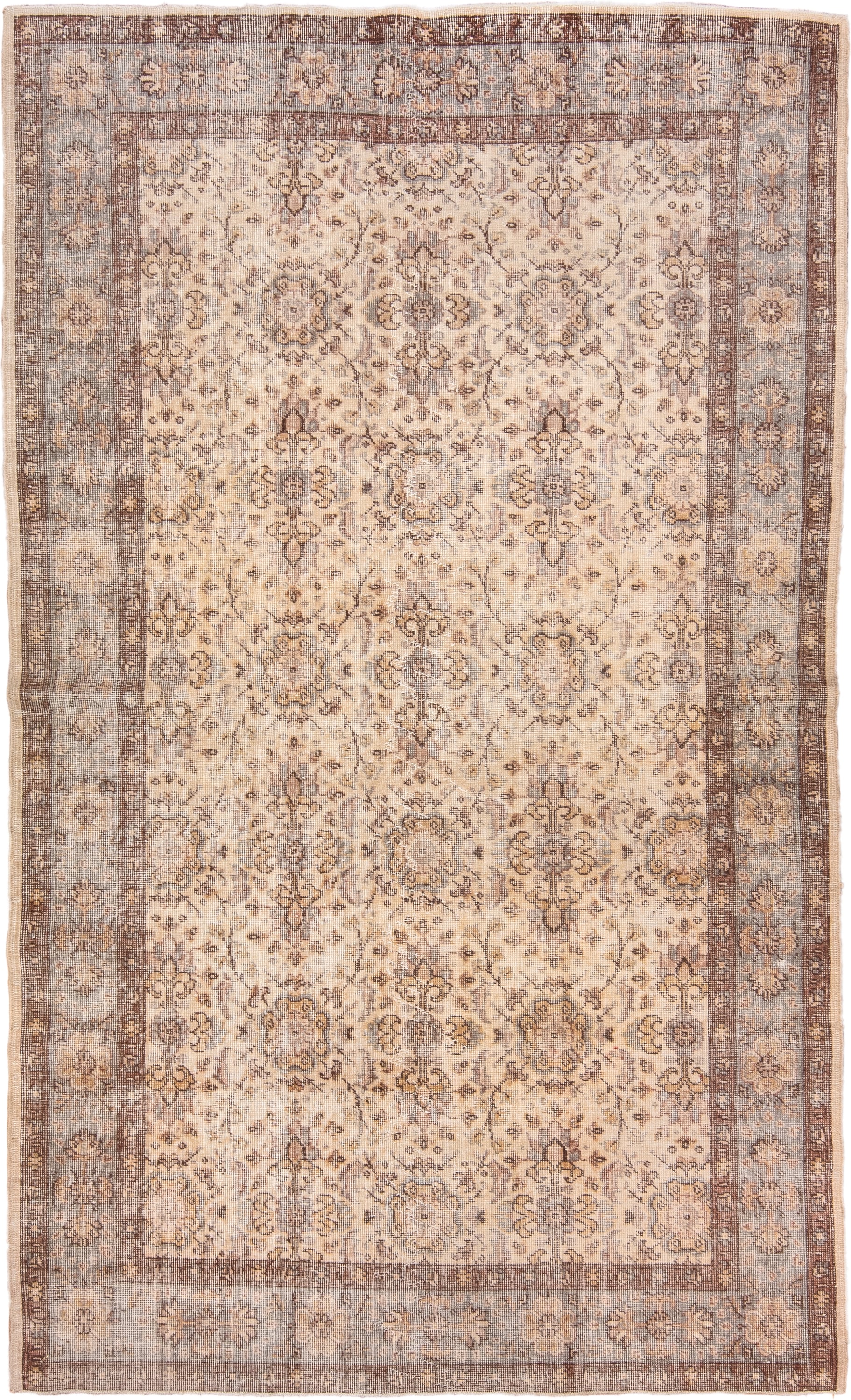 5' x 9' one-of-a-kind handmade vintage Oushak medium size rug. Color palette: ivory, taupe, brown, pale blue, beige, camel