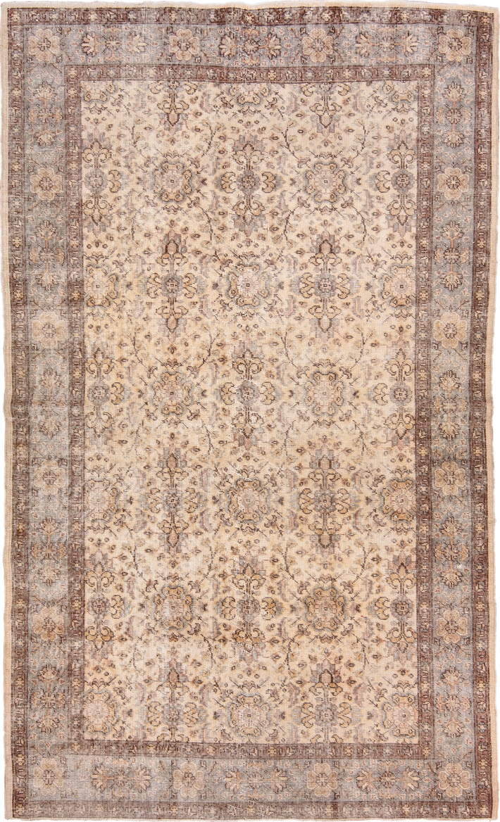 5' x 9' one-of-a-kind handmade vintage Oushak medium size rug. Color palette: ivory, taupe, brown, pale blue, beige, camel