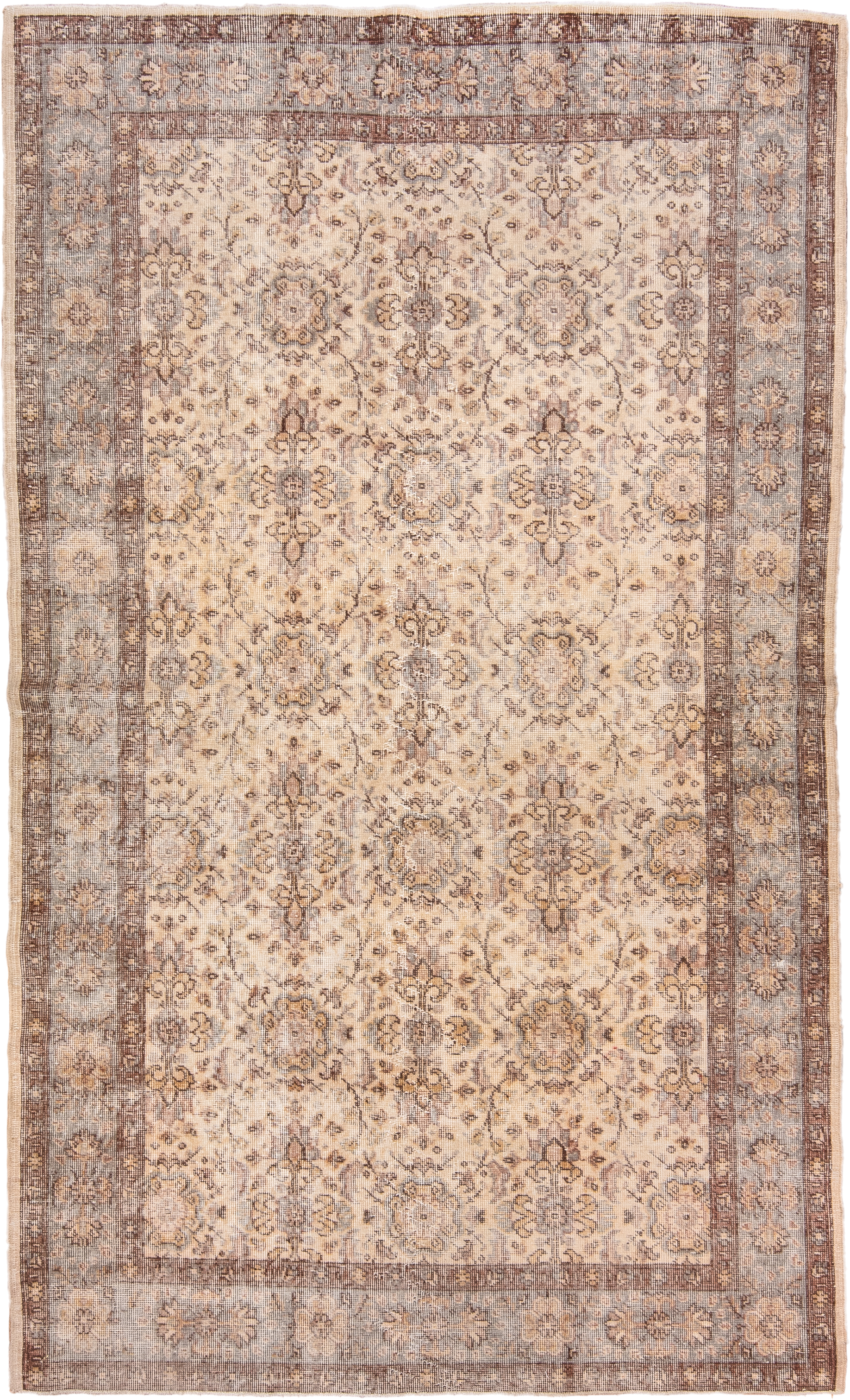 5' x 9' one-of-a-kind handmade vintage Oushak medium size rug. Color palette: ivory, taupe, brown, pale blue, beige, camel