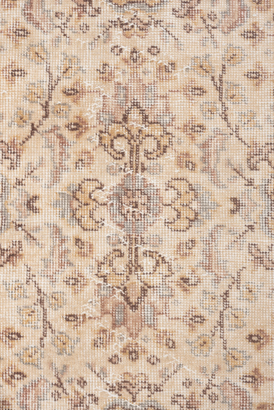 5' x 9' one-of-a-kind handmade vintage Oushak medium size rug. Color palette: ivory, taupe, brown, pale blue, beige, camel