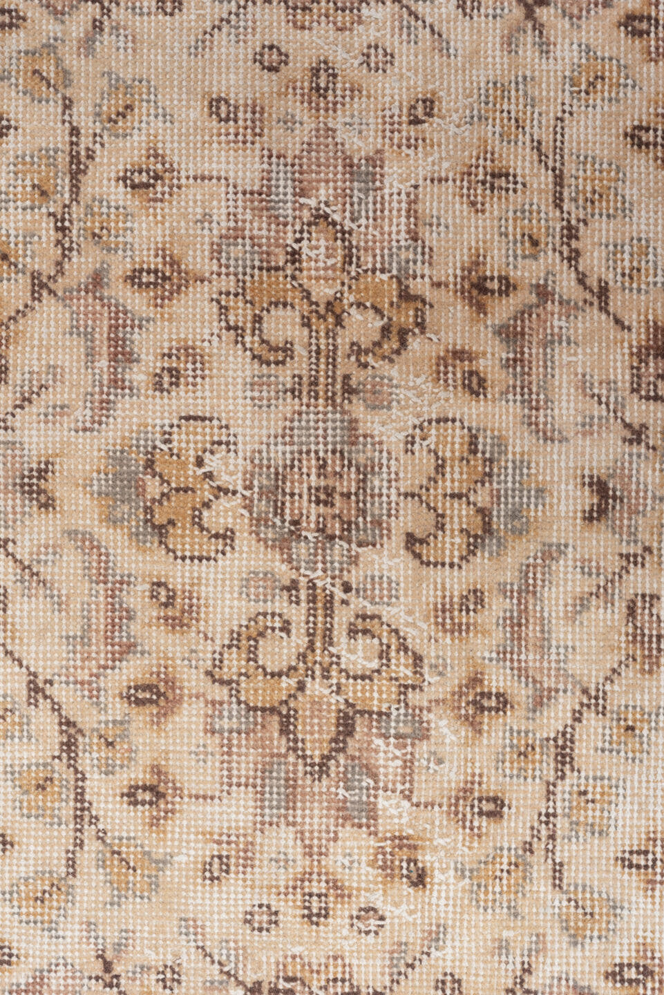 5' x 9' one-of-a-kind handmade vintage Oushak medium size rug. Color palette: ivory, taupe, brown, pale blue, beige, camel