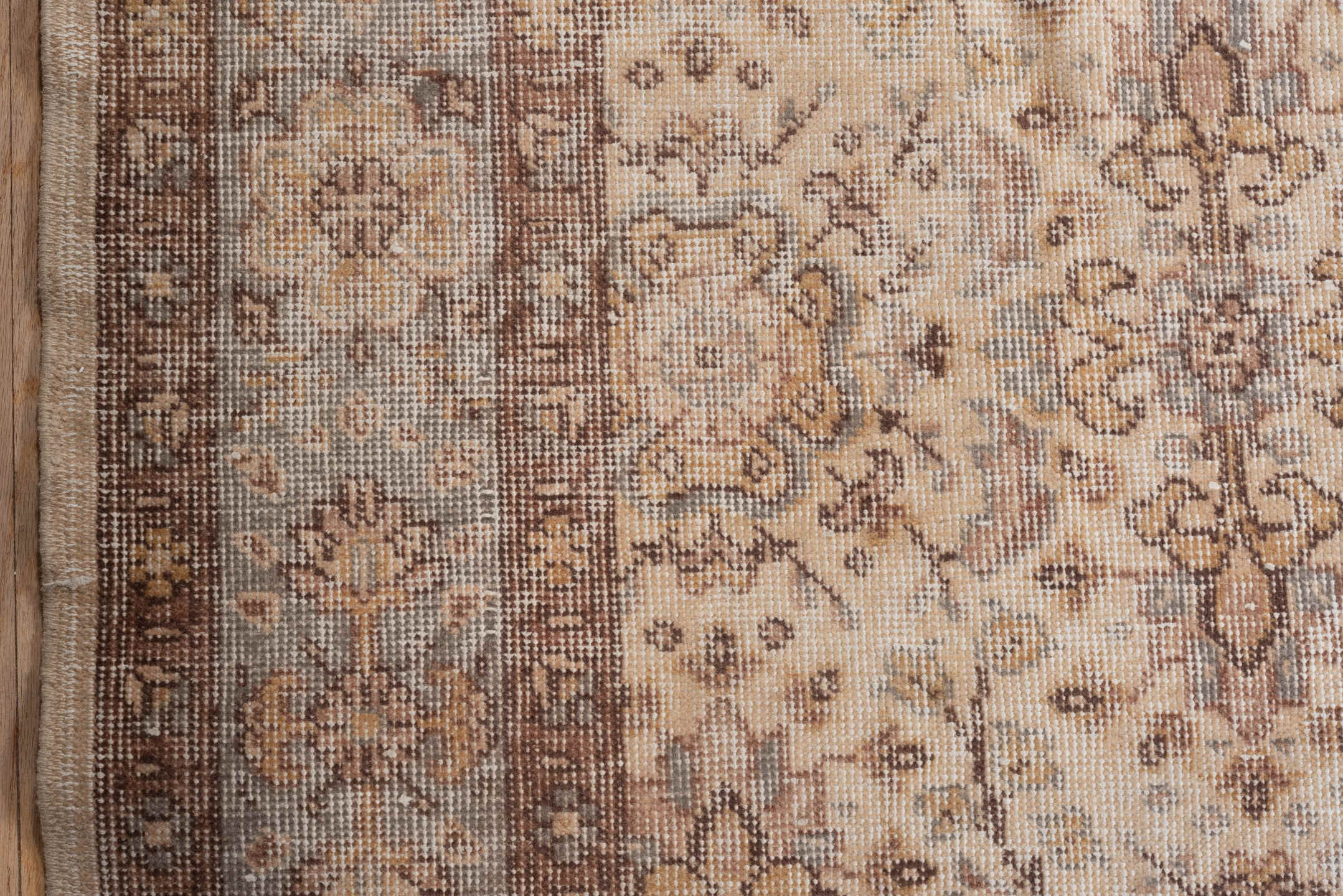 5' x 9' one-of-a-kind handmade vintage Oushak medium size rug. Color palette: ivory, taupe, brown, pale blue, beige, camel