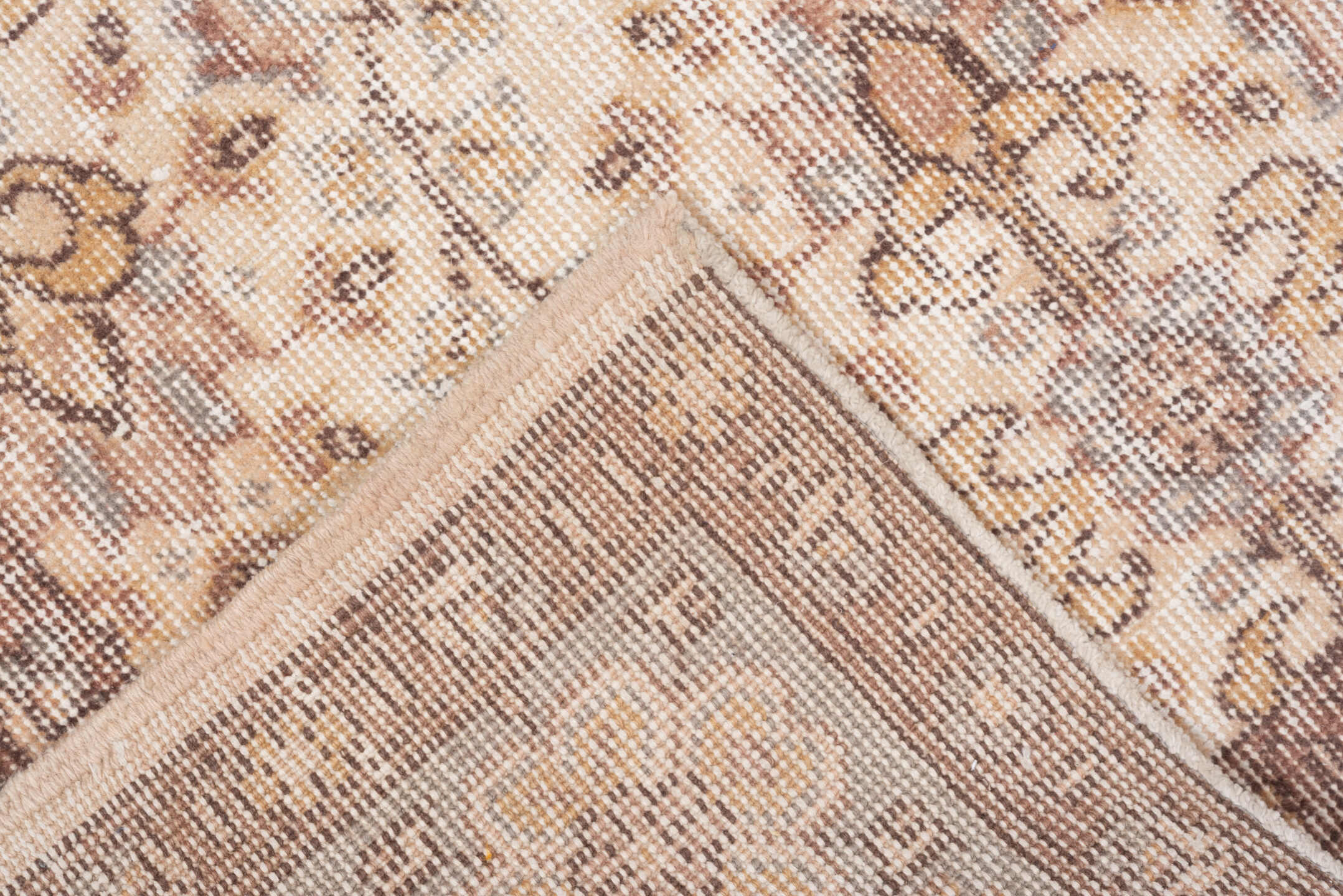 5' x 9' one-of-a-kind handmade vintage Oushak medium size rug. Color palette: ivory, taupe, brown, pale blue, beige, camel