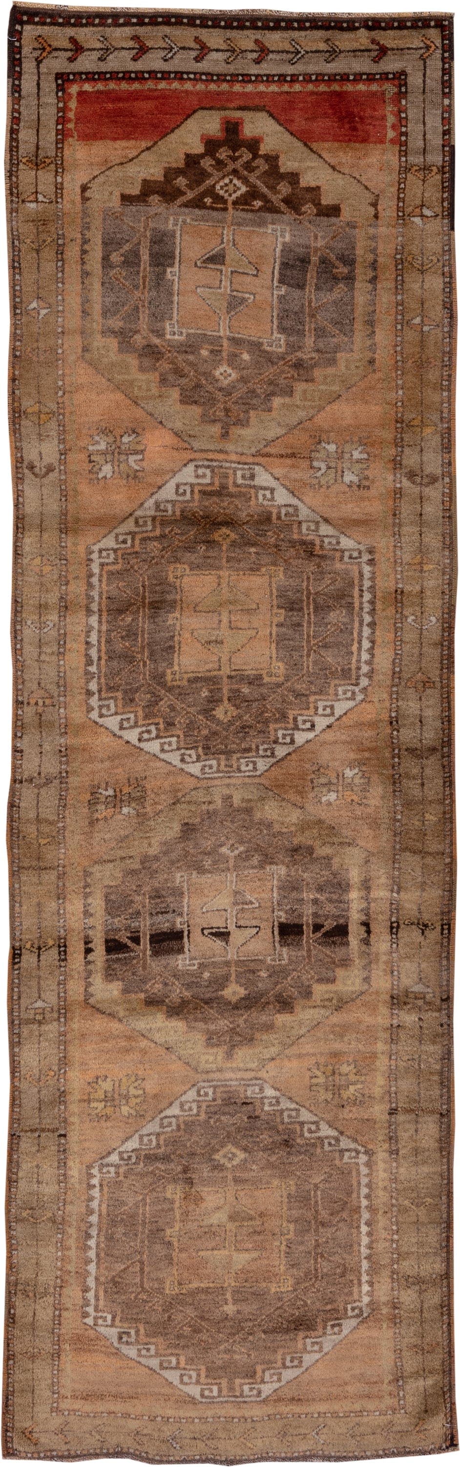 3' x 10' one-of-a-kind handmade vintage Oushak runner rug. Color palette: camel, taupe, brown, rust, ivory, tan, charcoal