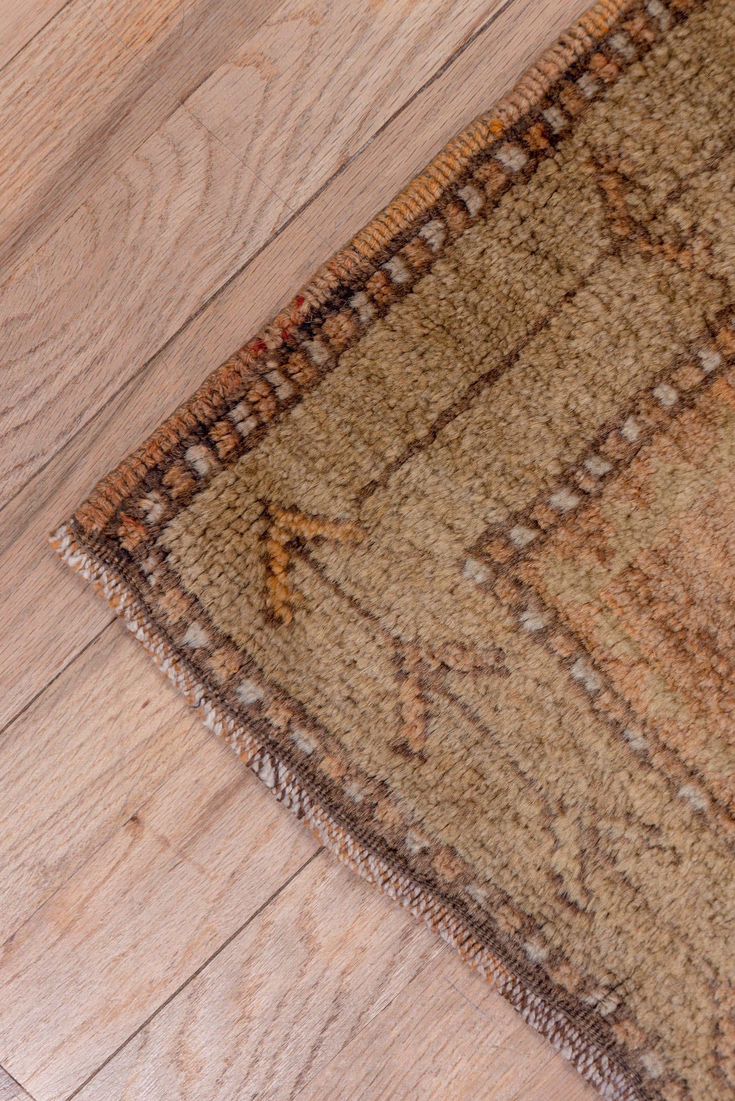 3' x 10' one-of-a-kind handmade vintage Oushak runner rug. Color palette: camel, taupe, brown, rust, ivory, tan, charcoal