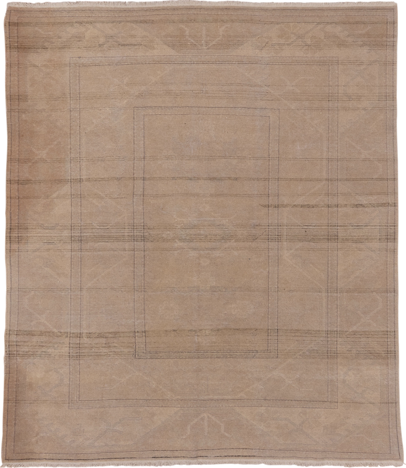 6' x 7' one-of-a-kind handmade vintage Oushak rug. Color palette: taupe, beige, camel, ivory, brown, gray