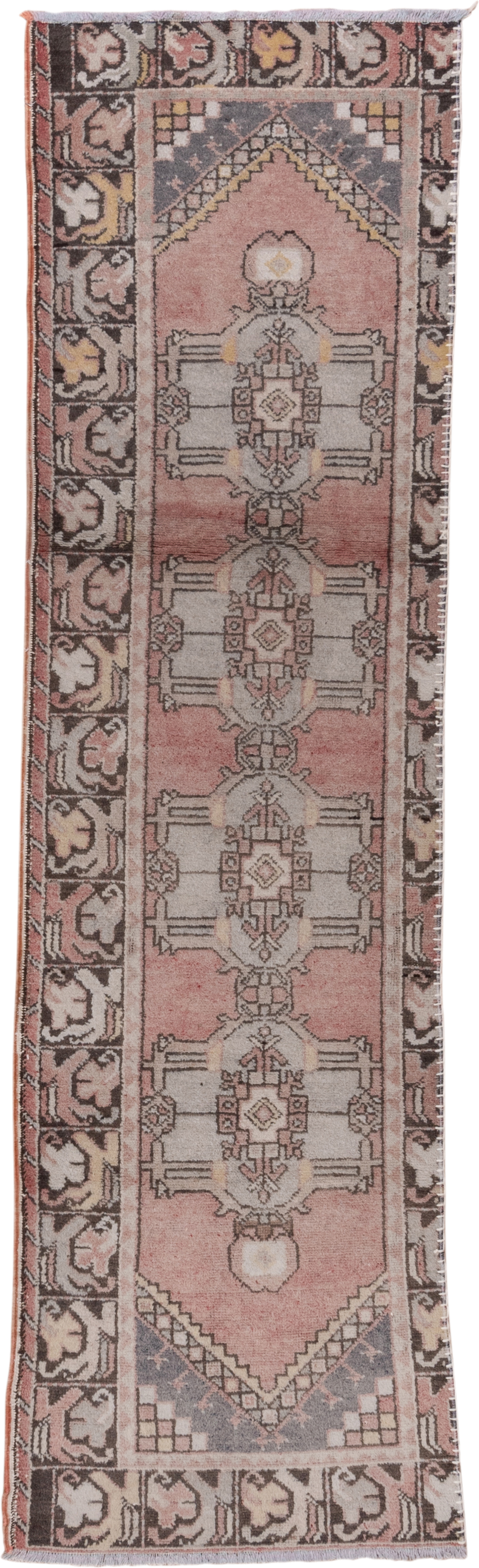 2' x 9' one-of-a-kind handmade vintage Oushak runner rug. Color palette: rose, ivory, charcoal, taupe, dusty blue, camel