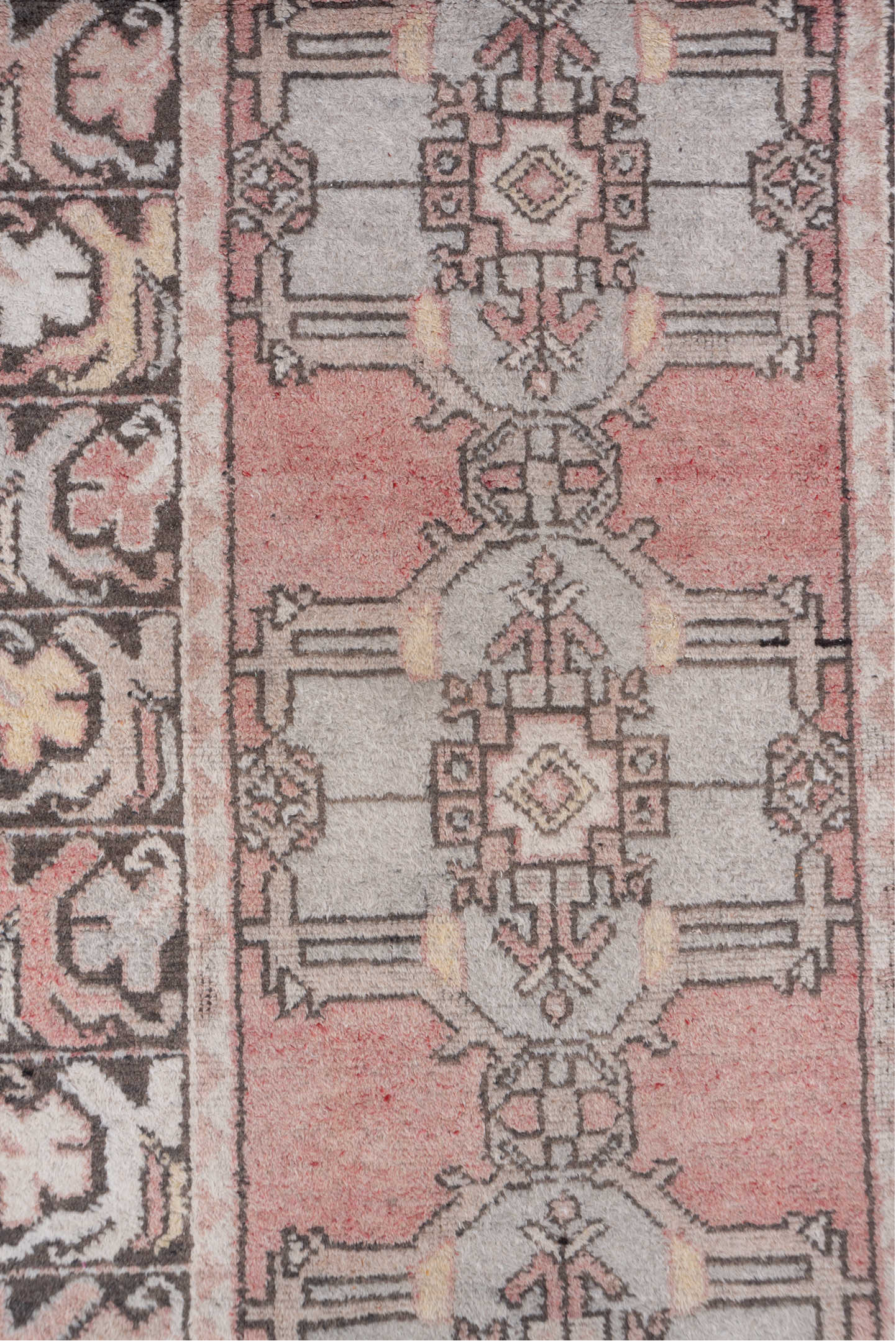 2' x 9' one-of-a-kind handmade vintage Oushak runner rug. Color palette: rose, ivory, charcoal, taupe, dusty blue, camel