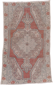 4' x 7' one-of-a-kind handmade vintage Oushak rug. Color palette: ivory, coral, blue_gray, taupe, sage, terracotta, gray