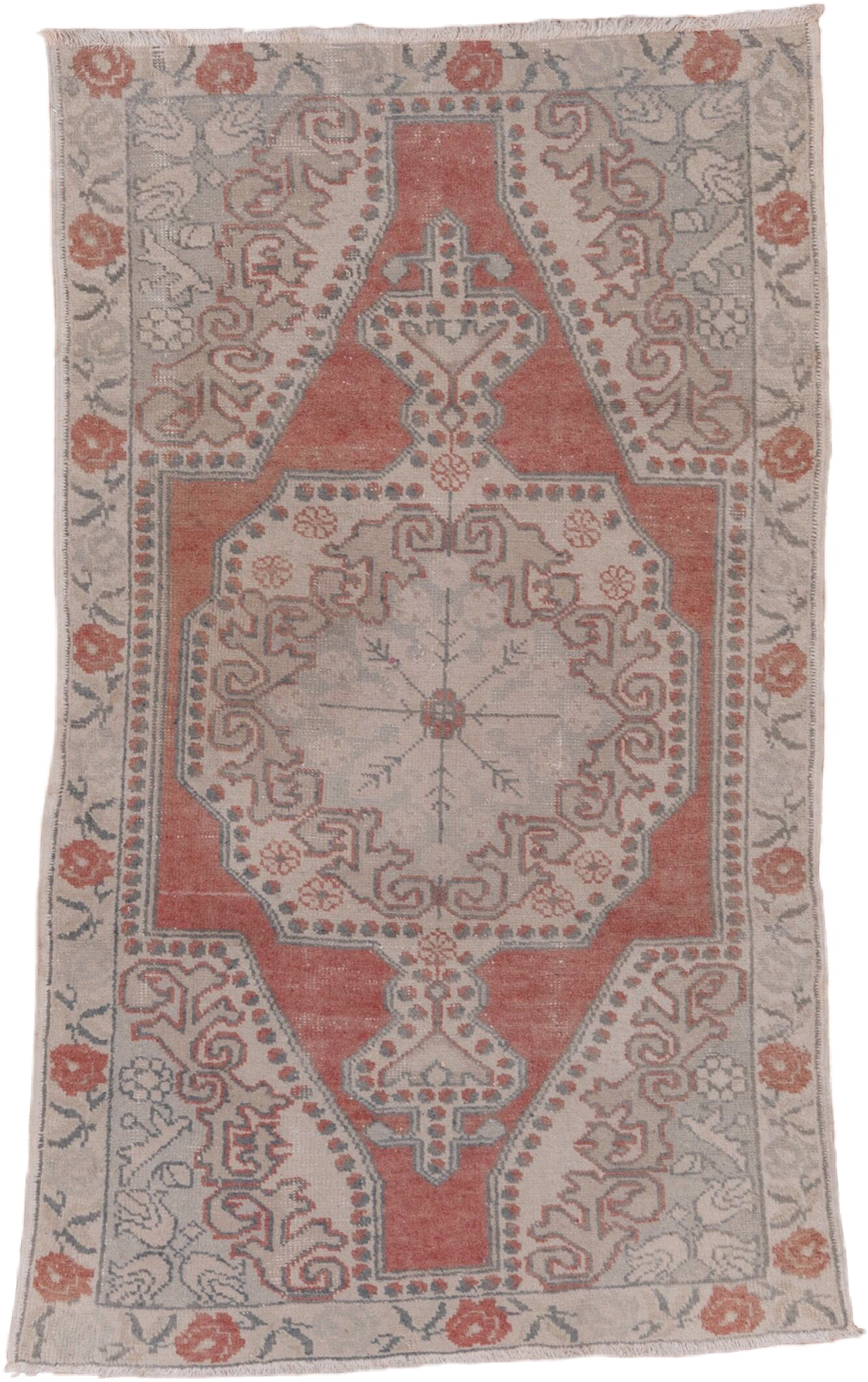 4' x 7' one-of-a-kind handmade vintage Oushak rug. Color palette: ivory, coral, blue_gray, taupe, sage, terracotta, gray