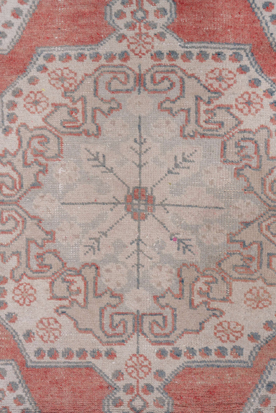 4' x 7' one-of-a-kind handmade vintage Oushak rug. Color palette: ivory, coral, blue_gray, taupe, sage, terracotta, gray