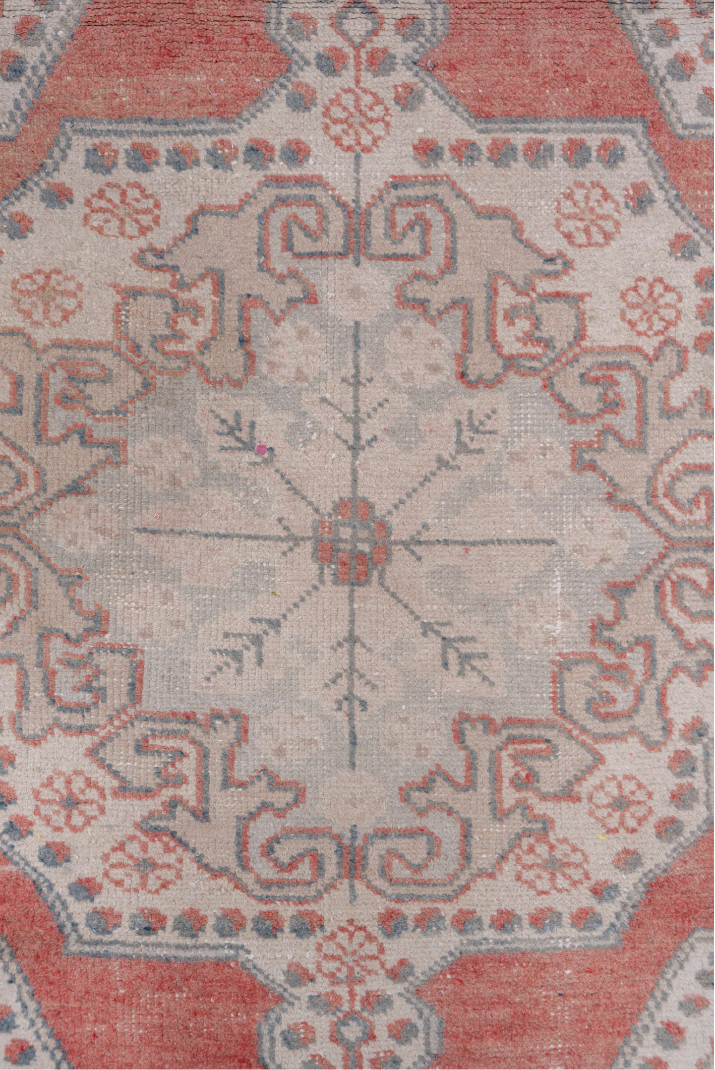 4' x 7' one-of-a-kind handmade vintage Oushak rug. Color palette: ivory, coral, blue_gray, taupe, sage, terracotta, gray