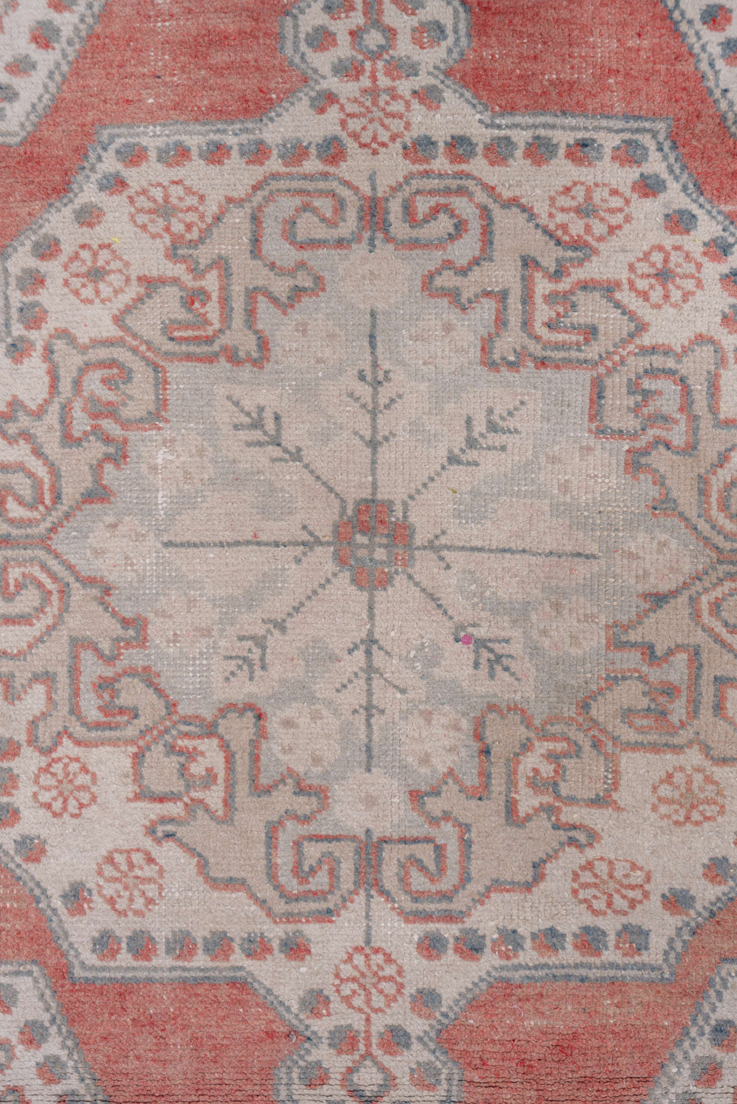 4' x 7' one-of-a-kind handmade vintage Oushak rug. Color palette: ivory, coral, blue_gray, taupe, sage, terracotta, gray