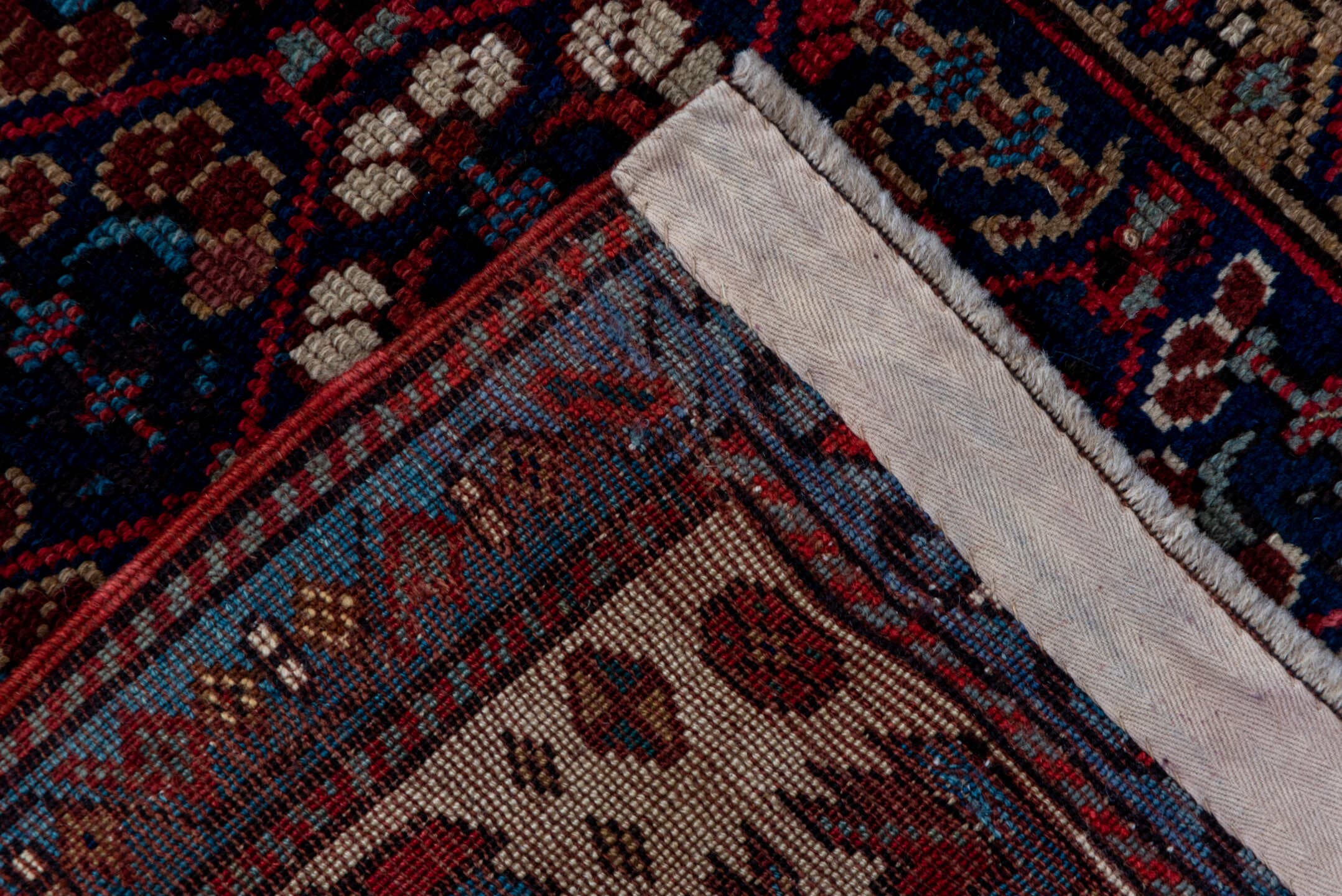 3' x 12' one-of-a-kind handmade antique NW Persian runner rug. Color palette: indigo, ivory, rust, sky blue, crimson, navy