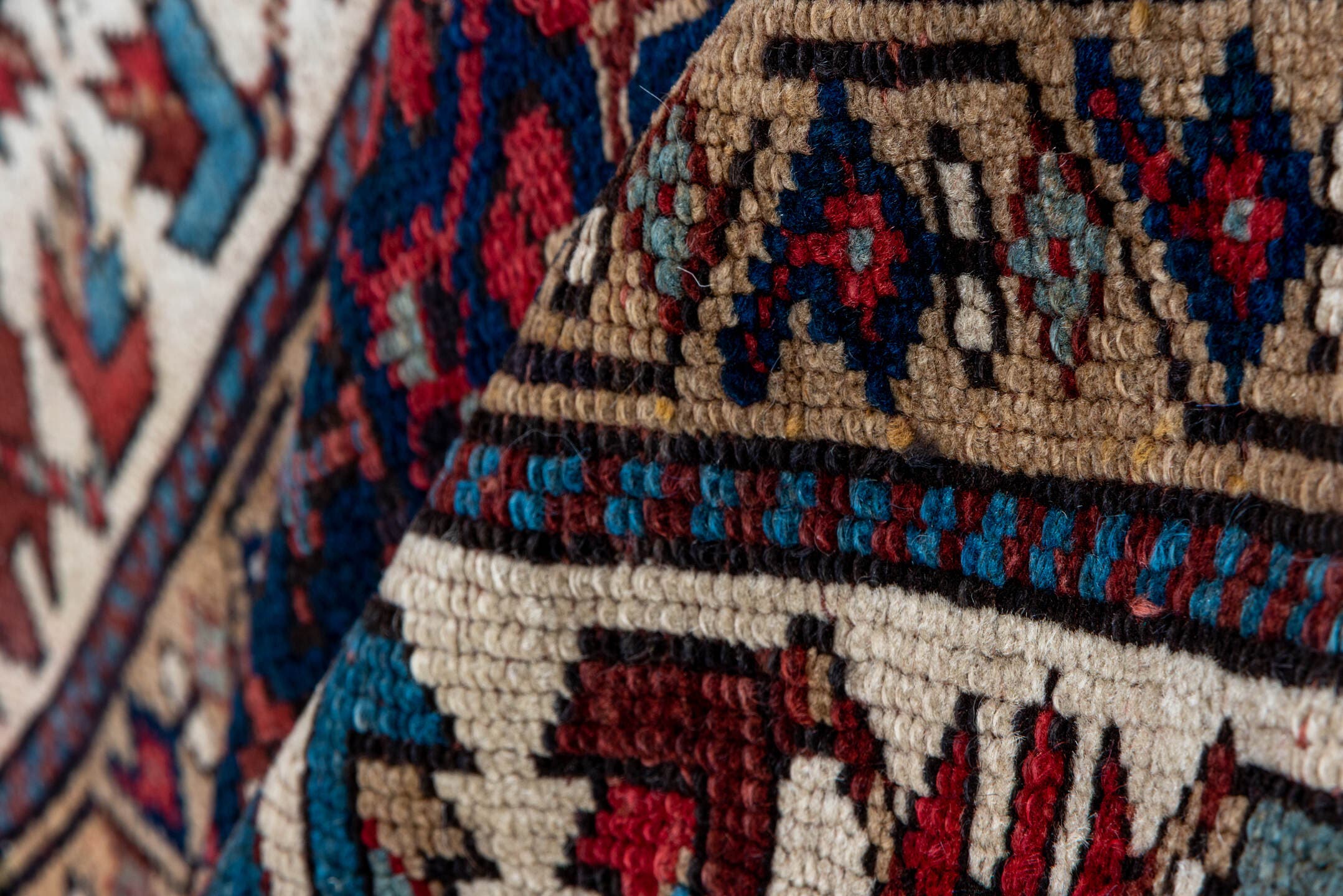 3' x 12' one-of-a-kind handmade antique NW Persian runner rug. Color palette: indigo, ivory, rust, sky blue, crimson, navy