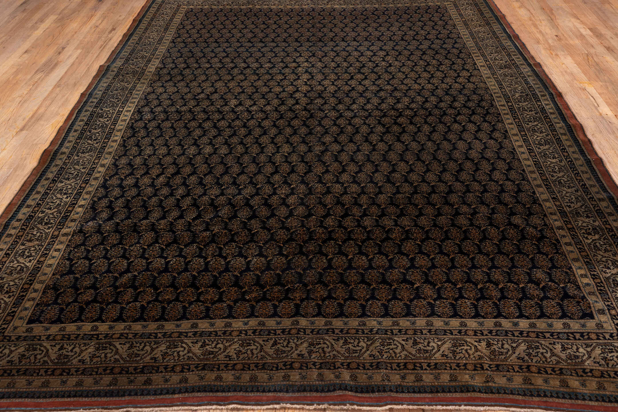 8' x 10' one-of-a-kind handmade antique Tabriz large size rug. Color palette: navy, camel, brown, ivory, rust, charcoal