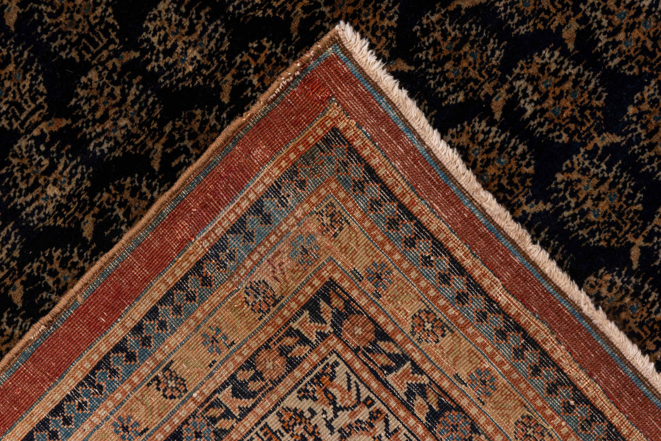 8' x 10' one-of-a-kind handmade antique Tabriz large size rug. Color palette: navy, camel, brown, ivory, rust, charcoal