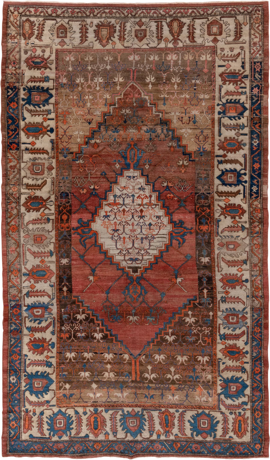 7' x 12' one-of-a-kind handmade antique Bakhshayesh large size rug. Color palette: terra cotta, ivory, cobalt, rust, taupe