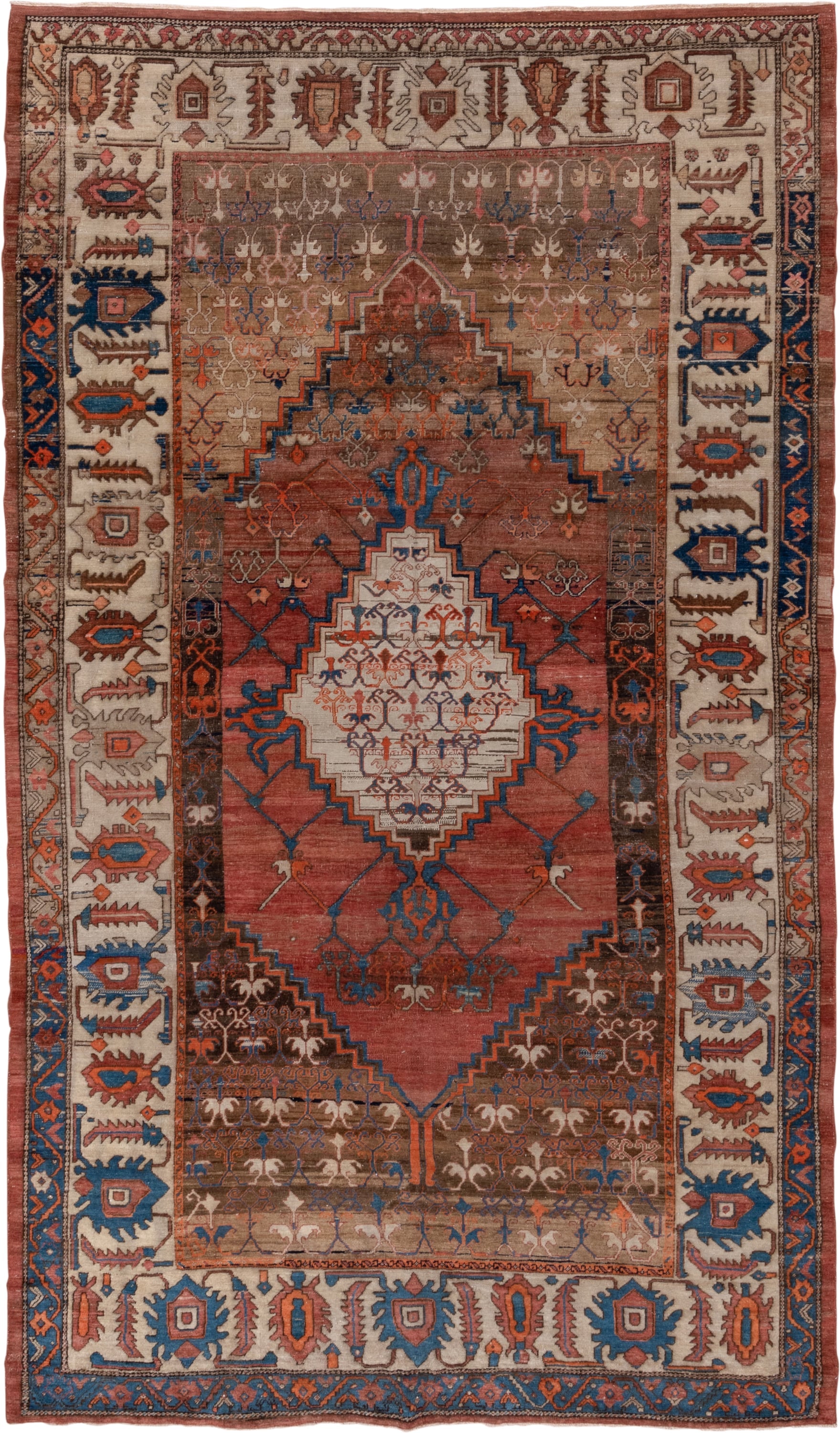 7' x 12' one-of-a-kind handmade antique Bakhshayesh large size rug. Color palette: terra cotta, ivory, cobalt, rust, taupe