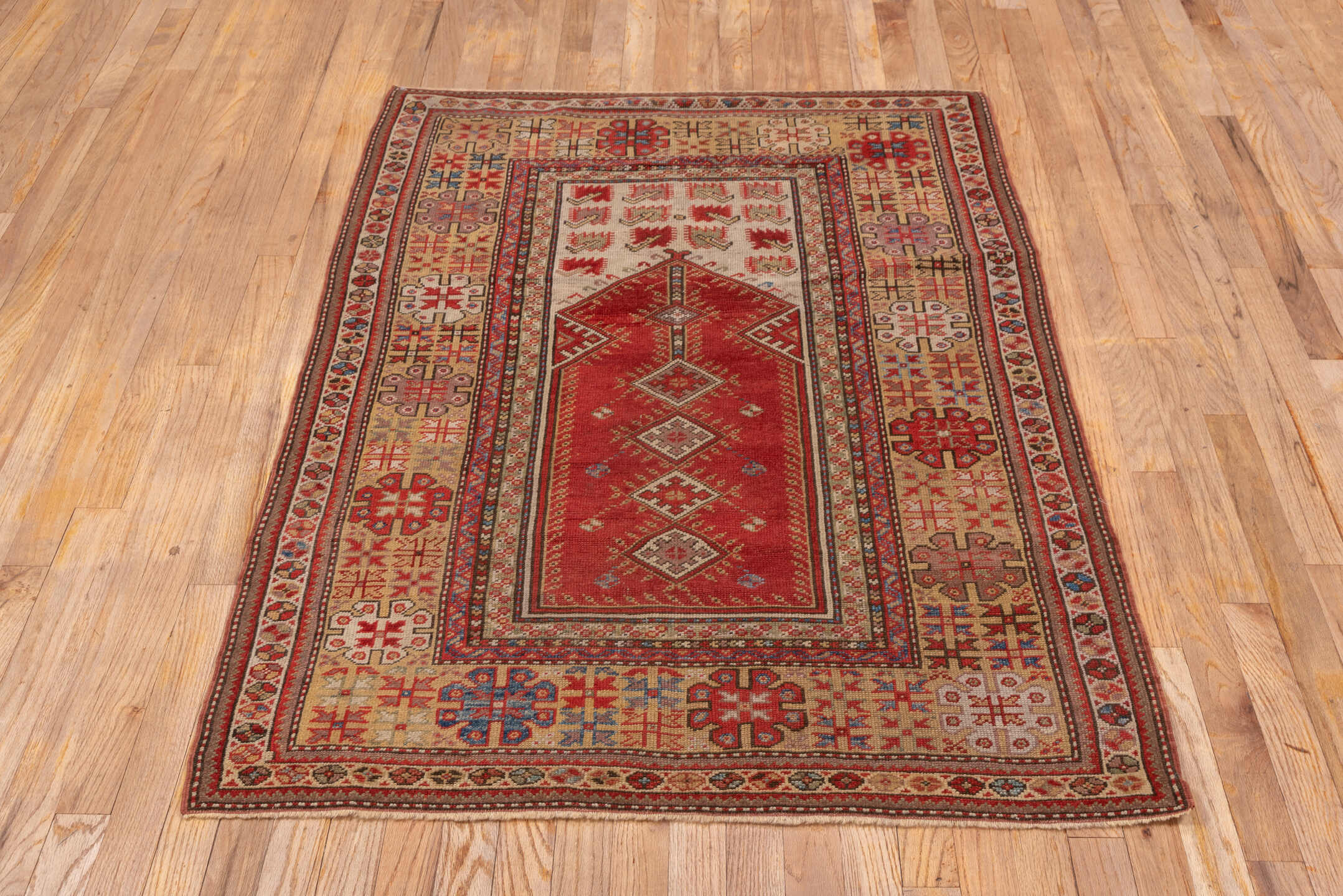 3' x 5' one-of-a-kind handmade vintage Melas small size rug. Color palette: rust, ivory, brick, navy, camel, rose, brown