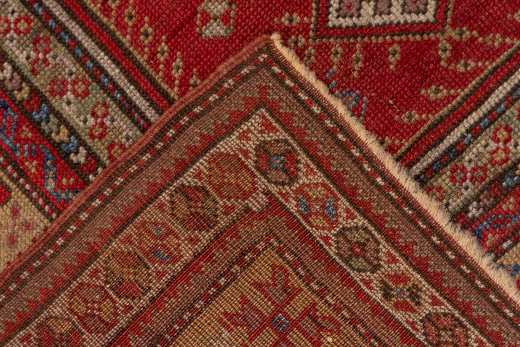 3' x 5' one-of-a-kind handmade vintage Melas small size rug. Color palette: rust, ivory, brick, navy, camel, rose, brown