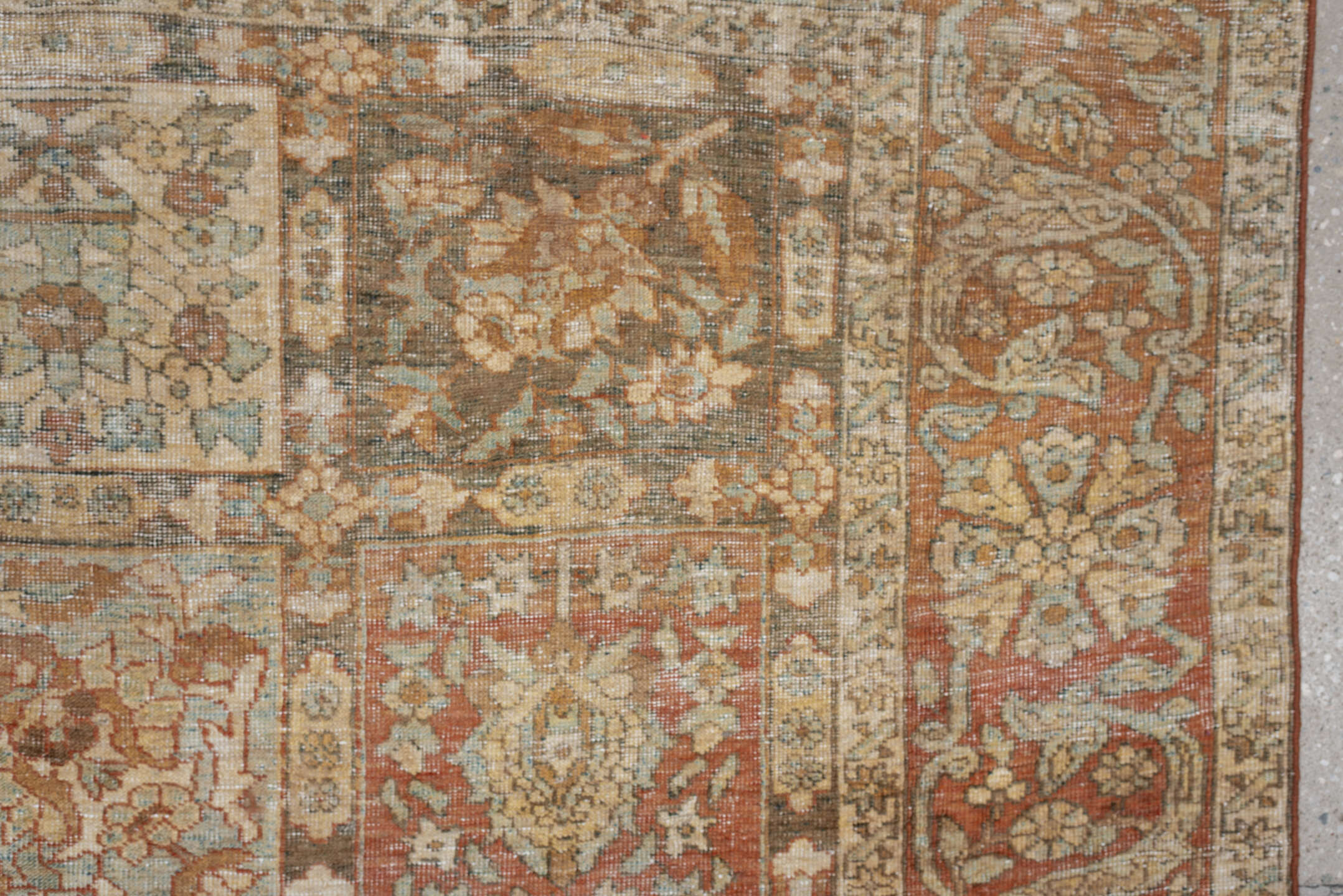 4' x 6' one-of-a-kind handmade antique Baktiary small size rug. Color palette: terracotta, ivory, pale blue, taupe, camel